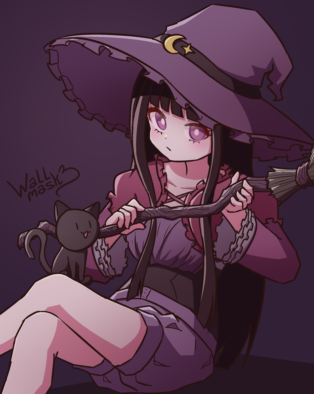 Anime style art of a young witch sitting and holding a broom, while a black cat sits on her legs. The girl has very long black hair and purple eyes with white pupils. She wears a purple witch hat with frills, and wears a red cape, long sleeves purple shirt and baggy shorts. The girl is Luna, kapuccinie 's original character on Art Fight.