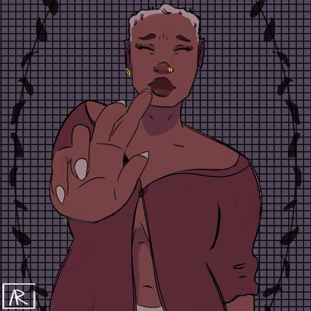 my oc River with their eyes closed tight and a hand outstretched towards you. The background is a desaturated purple and black grid with a black foliage silhouetted frame.