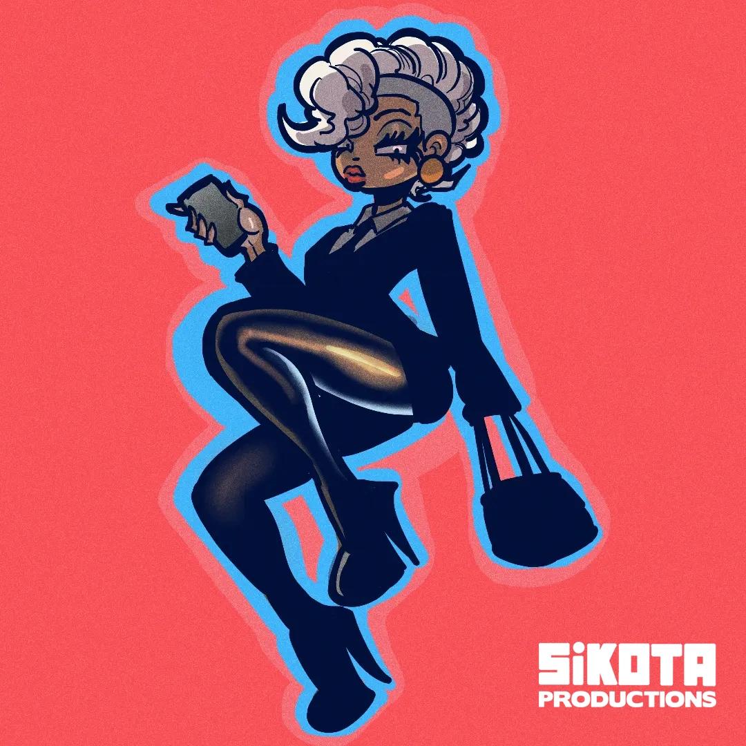 Digital drawing of a black woman with one leg raised, with shiny silver-white hair.