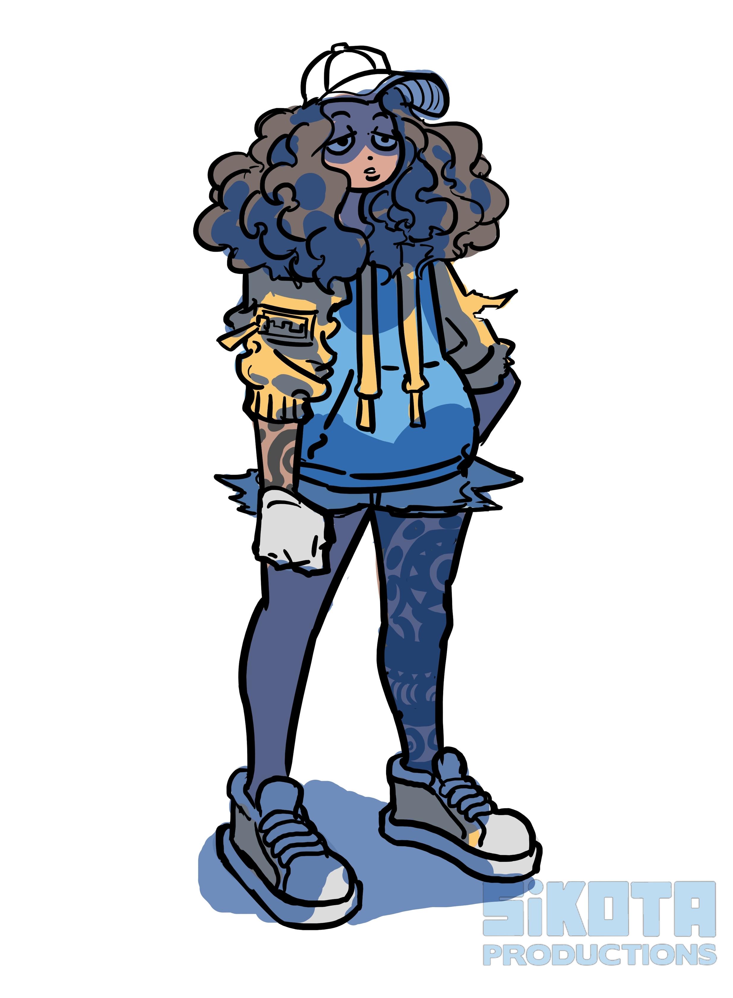 Black girl with long curly hair and tattoos up her arm wearing a blue hoodie with dark blue tights.