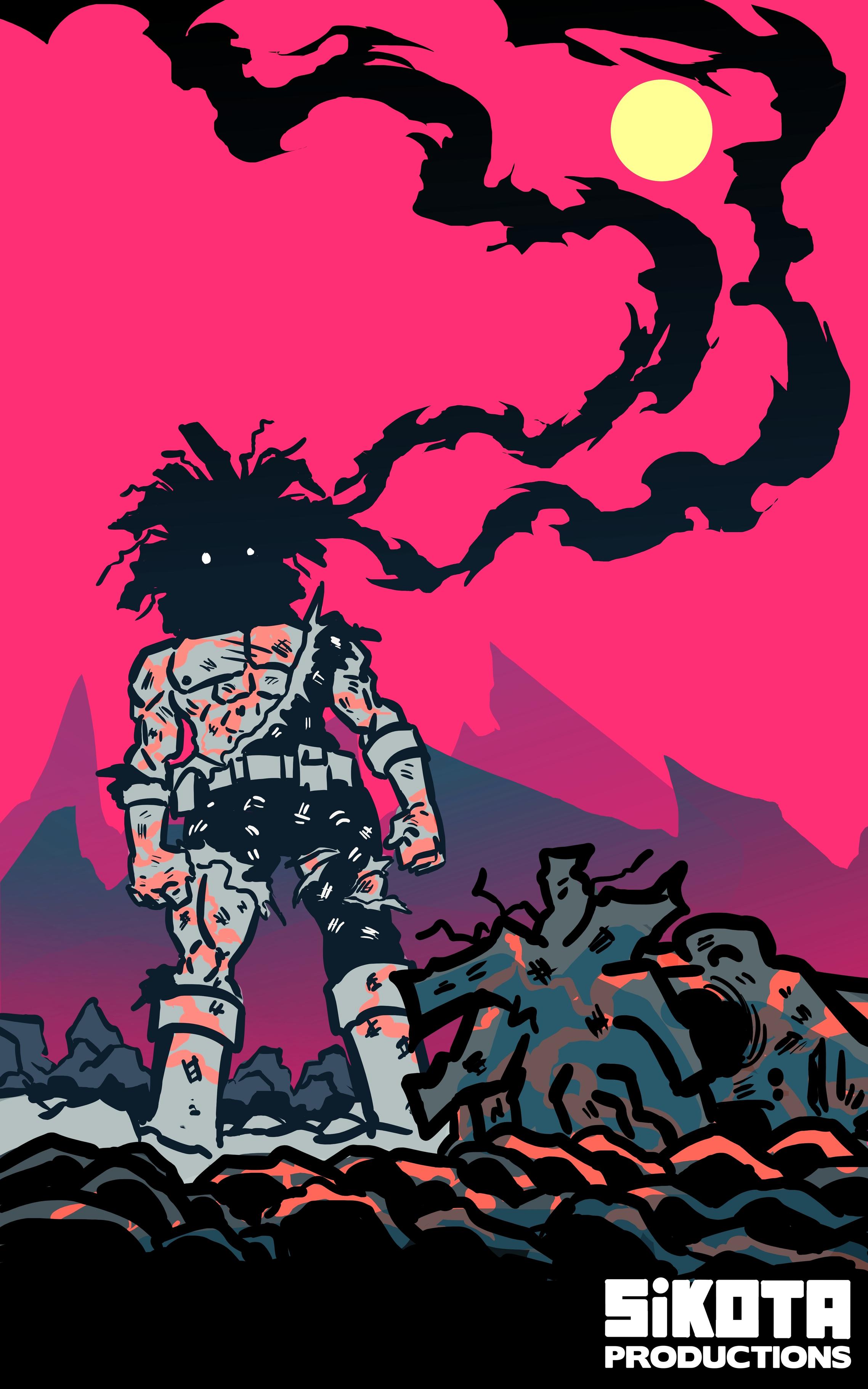A digital illustration of a man whose face is covered by shadows staring menacingly in a red background.