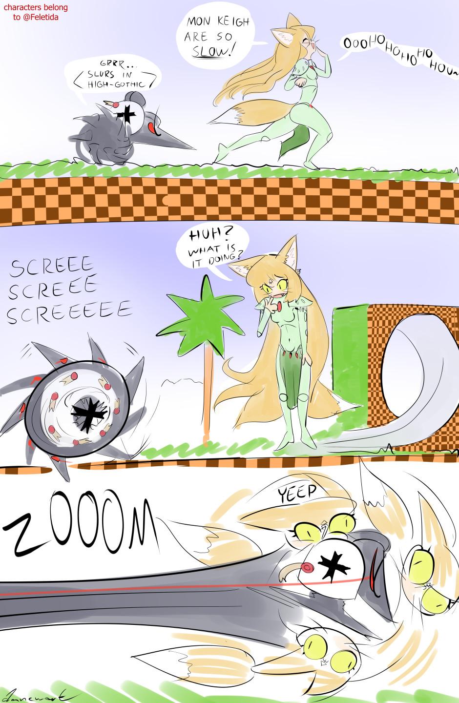 Comic where a tiny Black Templar chases a fox Biel-Tan Eldar.