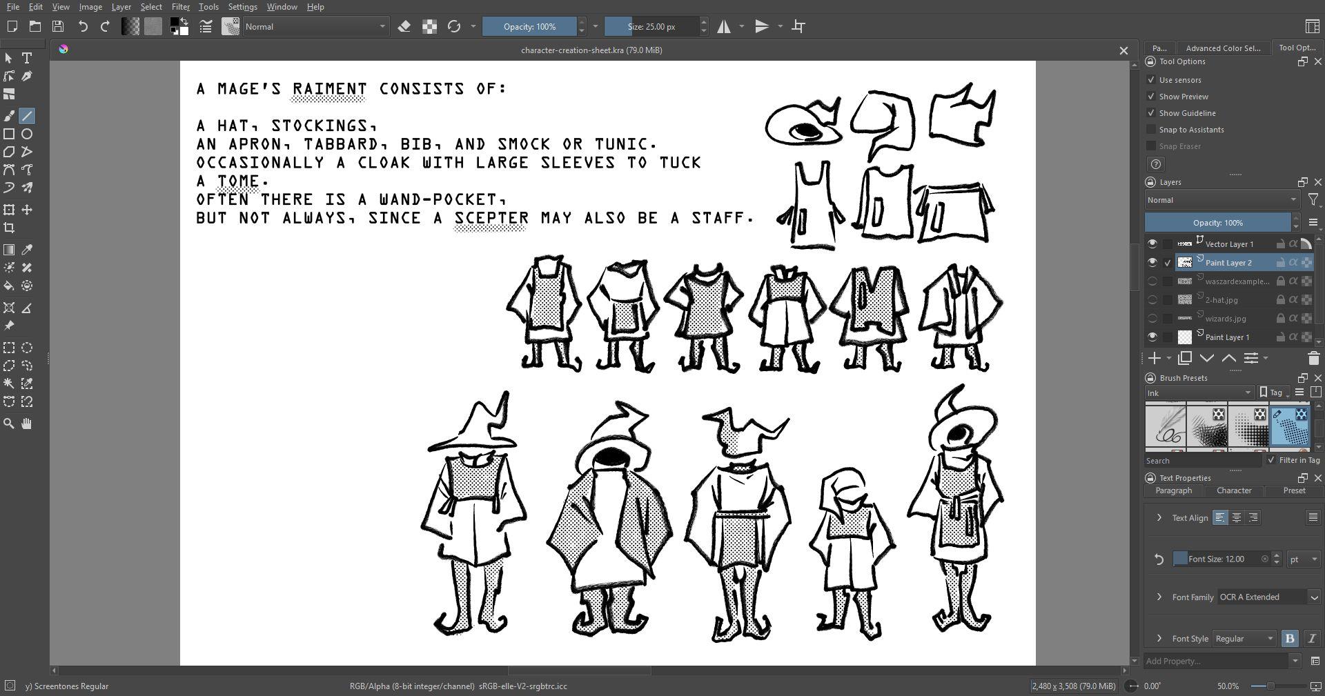 A screenshot in Krita of various types of mage clothing.