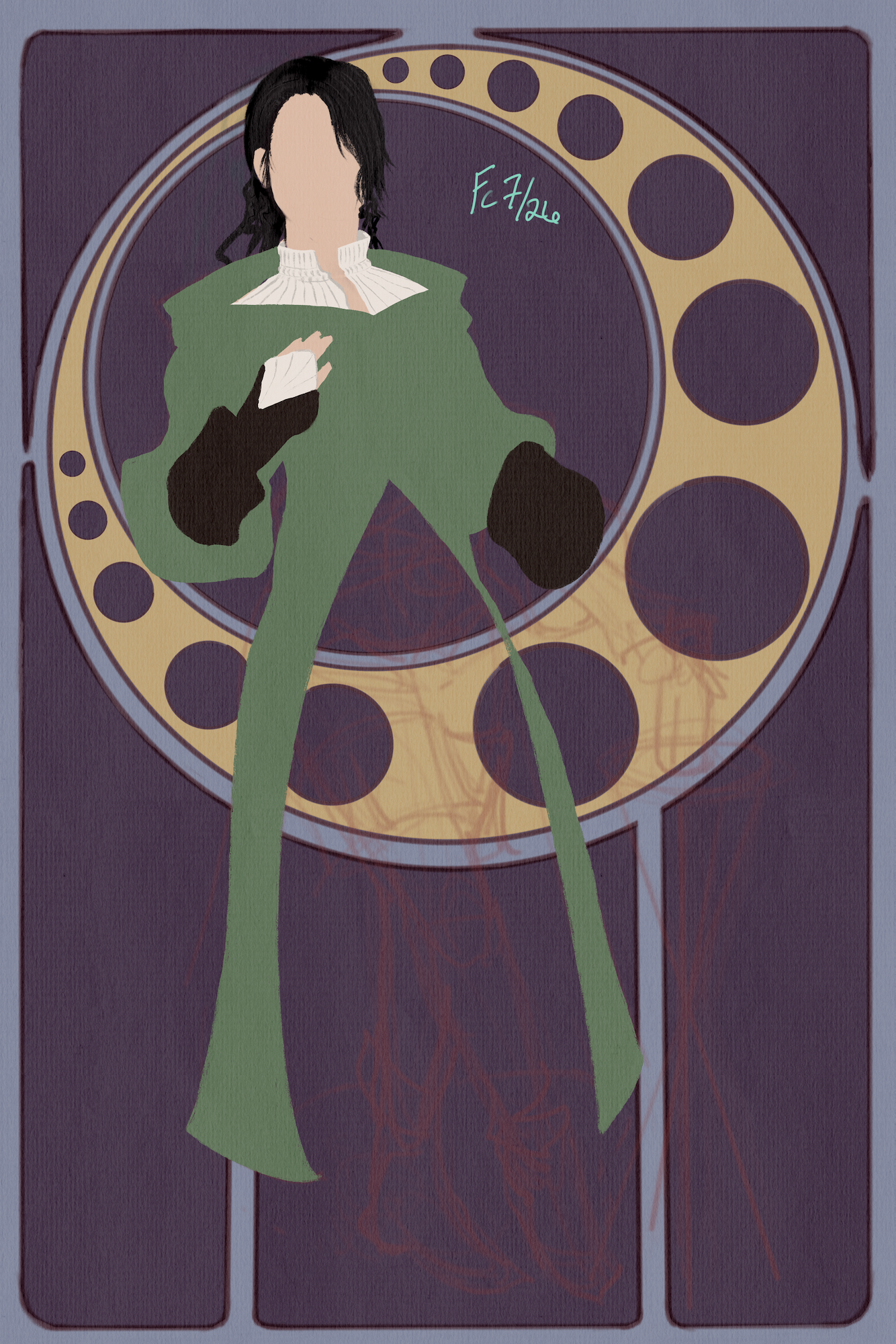 A digital artwork in progress of an art nouveau-style illustration. The partially drawn form of a woman leans against the backdrop, her right hand raised to her chest and the left reaching out to an only sketched bottle. The background is predominantly shades of cool and warm violet, while the crescent moon shape is a warm golden color. Her overcoat is a slightly desaturated leaf green, her gloves a brown leather, her skin a pale pinkish-beige, her shirt white with grey pinstripe folds, and her hair is black with slender ringlet curls in places. The artist's signature and date, "Fc 7/26" is in the top-middle of the drawing, next to the unfinished face.