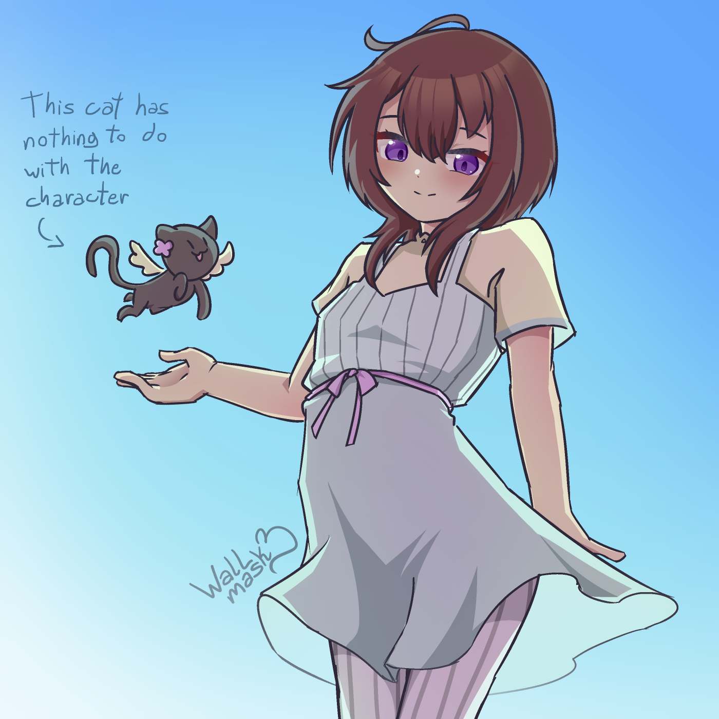 Anime style art of a girl with short brown hair and purple eyes. She has a light smile and her right hand is up, with a flying cat with wings over the hand. The girl wears a light aqua dress with yellow sleeves. The girl is Linne, Fallinlovewithkasa's original character on Art Fight. Over the cat, there's written text clarifying: "This cat has nothing to do with the character".
