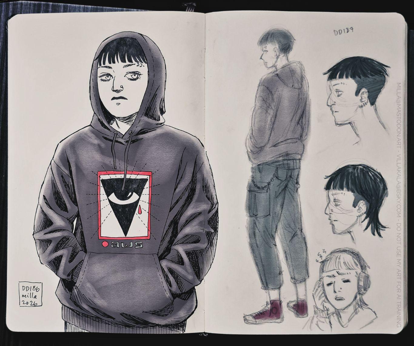 Sketchbook spread of a kind of emo looking nonbinary person. They're wearing a dark gray hoodie with an inverted triangle and eye design print, dark cargo pants and wine red converse shoes. They have some piercings on the face and ears. There's a halfbody portrait, fullbody sketch and two different hairstyle sketches: one with straight cropped fringe and fade towards the back, and another version with a sleek mullet and shaved sides. The drawings are done in gel pen and pencil and colored with digital pencil.