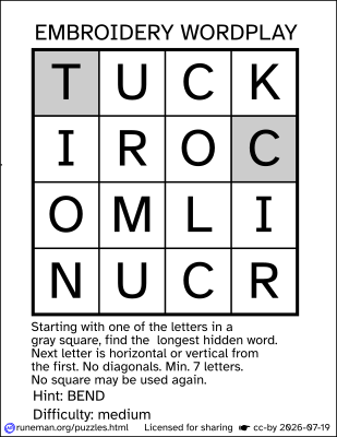Embroidery Wordplay
a one-word word search puzzle

hint: bend
difficulty: medium

Letter grid:
T* U C K
I R O C*
O M L I
N U C R

letters marked with an asterisk indicate the potential starting points for the word. The image shows them with a gray background.
