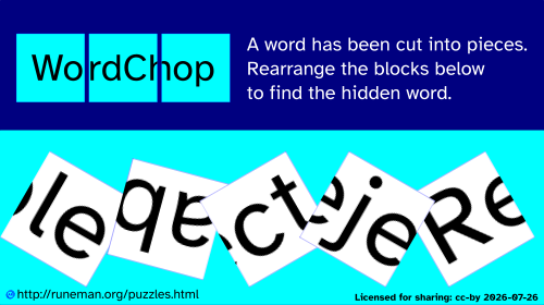 There's a word which has been cut into squares, each of which contains a part  of the word, maybe with parts of some letters cut so they appear on different squares.

The puzzle image is mostly in stripes of blue, but the jumbled, partly overlapping squares are white with black letters.

The main clue is that one letter has a capital letter in it, marking the beginning of the word.