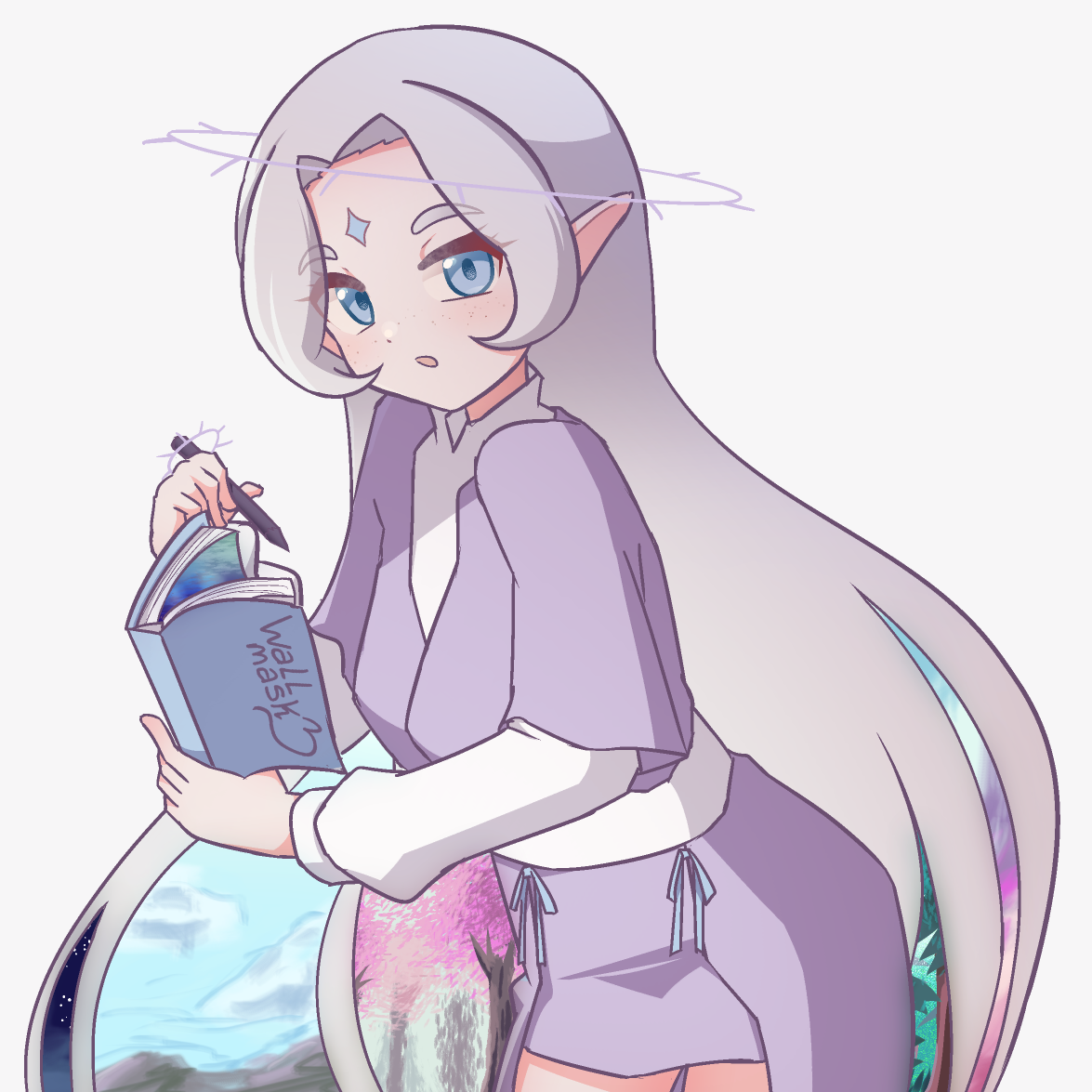 Anime style art of a girl holding a book and a pen, as she leans slightly towards the viewer and looks at the viewer. Inside the book and between the empty spaces between her long hair, there are varied backgrounds drawn in it, all inspired by and redrawn from my own past artworks (seafloor, night sky, blue sky, cherry blossom trees, green forest, pink sky). This art is inspired by the girl's description which says she lives in a world created by herself. The girl is Kadzumi, kra_pyva's original character on Art Fight. Kadzumi has long light gray hair, blue eyes, pointy ears and wears a light-purple kimono-like clothes.
