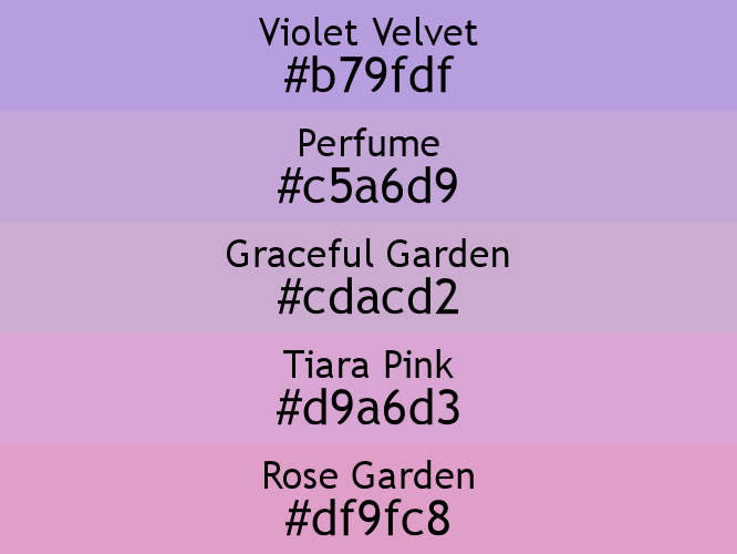 a block of five horizontal color swatches in Violet Velvet (#b79fdf), Perfume (#c5a6d9), Graceful Garden (#cdacd2), Tiara Pink (#d9a6d3), and Rose Garden (#df9fc8).