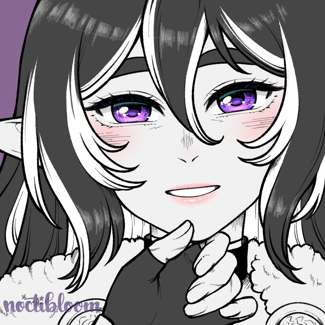 Monochrome digital sketch of elf woman with violet eyes smiling. Her chin is beingn cupped by the person she's looking at.
