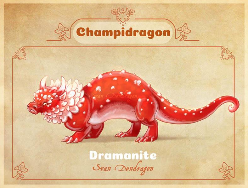Illustration presenting the dramanite, a small red and white mushroom dragon inspired by the amanita. 

~

Illustration présentant le dramanite, un petit champidragon rouge et blanc inspiré de l'amanite.