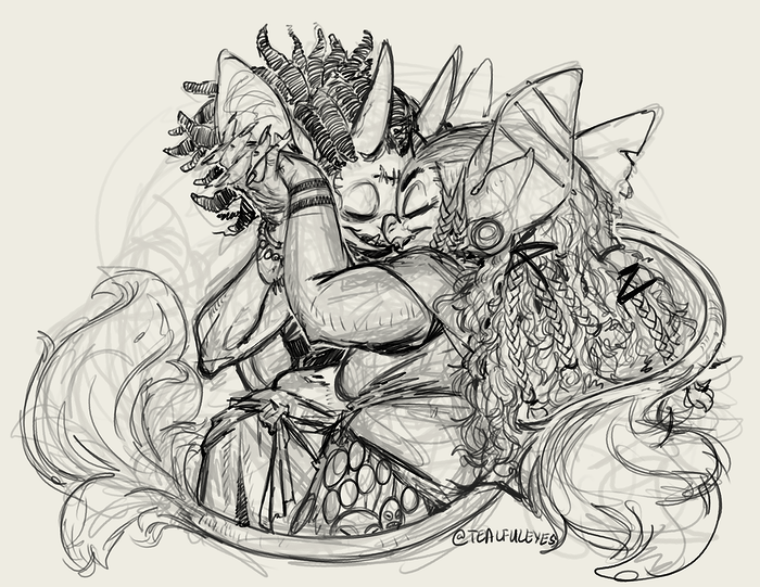 Sketch by the artist Tealful Eyes of a happy Imp couple dancing together.