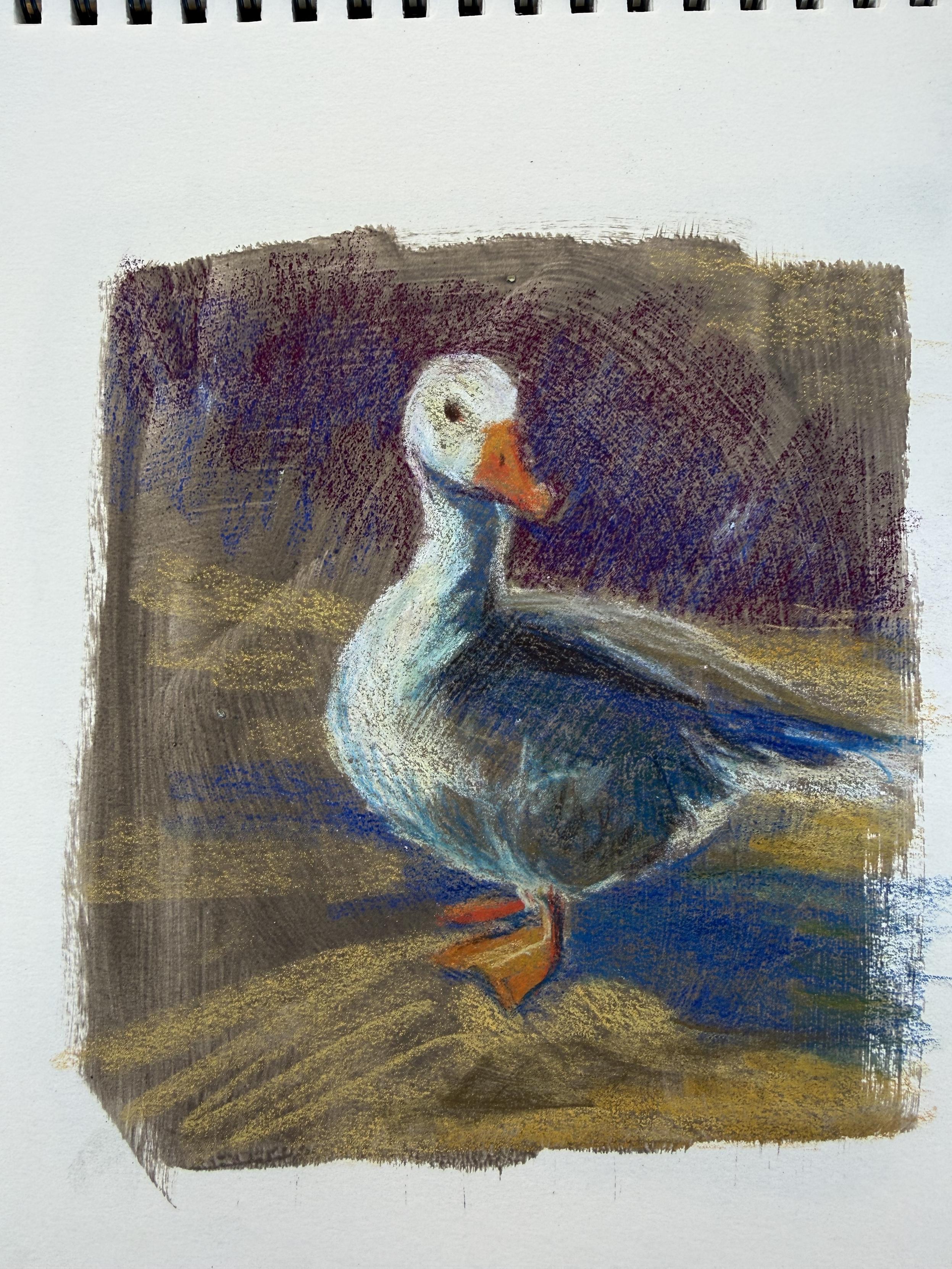 A sketchbook page with a goose painted in pastel. He's striking a pose.
