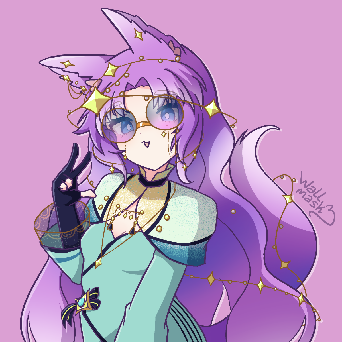 Anime style art of a girl with animal ears and tail, very long multicolored hair pink and purple, and blue eyes with white pupils. She wears a teal dress, and multiple lines with four-pointed stars and small silver spheres around her clothes, hair and tail, as a necklace, as accessories on her golden glasses, and on her head. She does a V sign with her right hand to the viewer with a small smile. The character is Zi Lin, lfet9's original character on Art Fight.