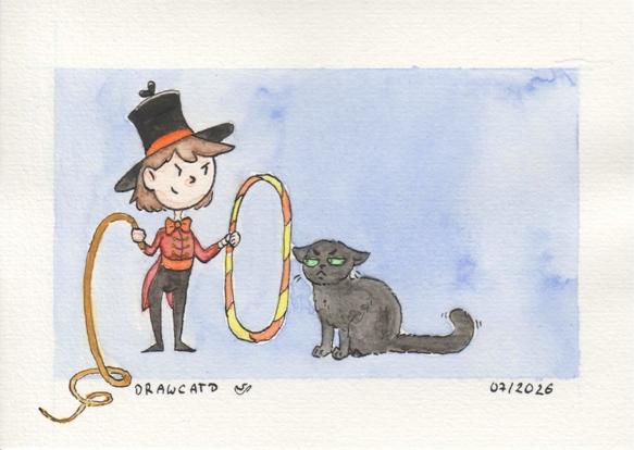 A watercolor illustration of a woman dressed as dompteur holding a hoop-ring in front a black grumpy cute cat.