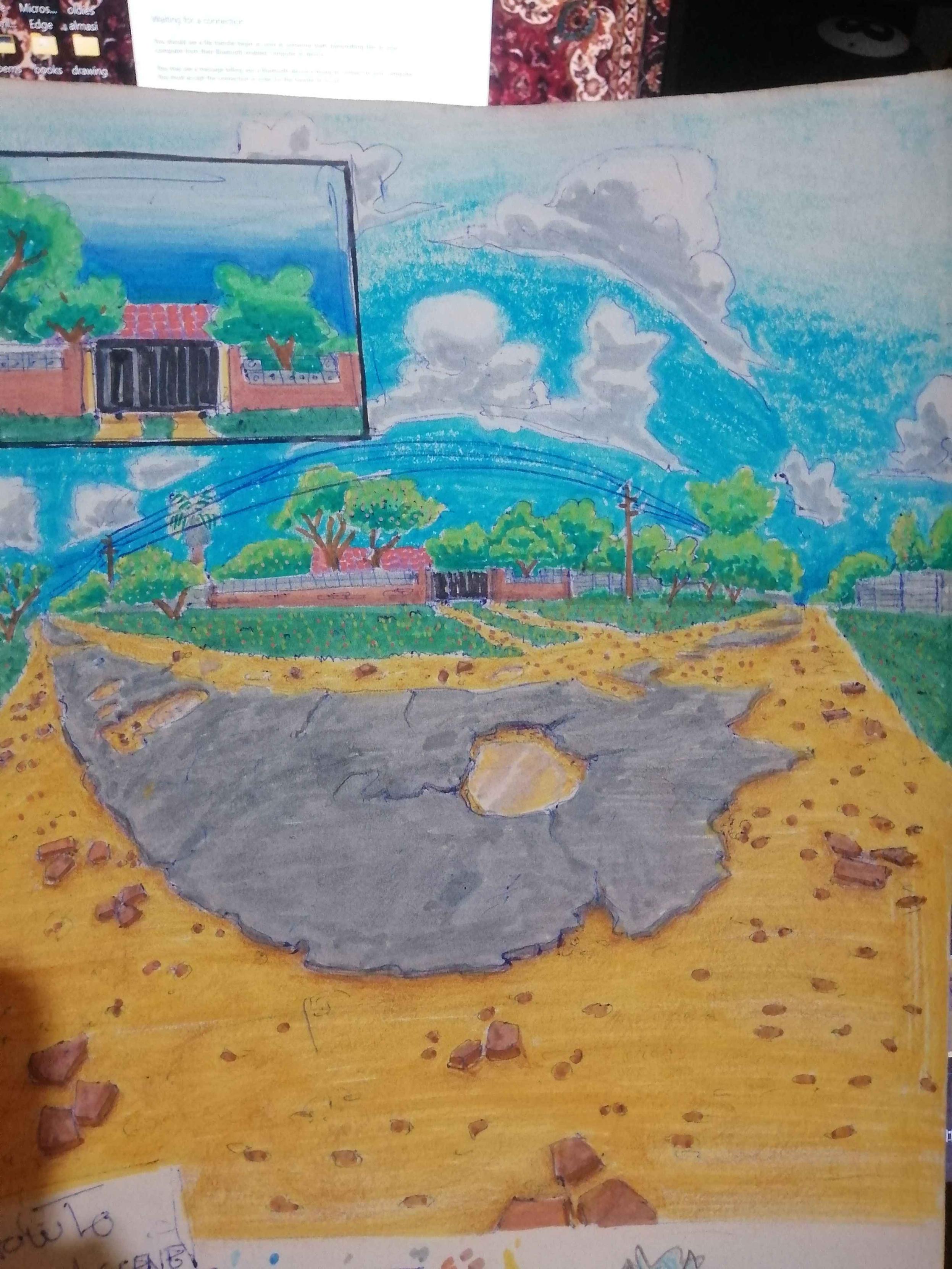 A colorful Panoramic view of a dust road in Harare. Drawn with pen, Pencil crayon and acrylic paints