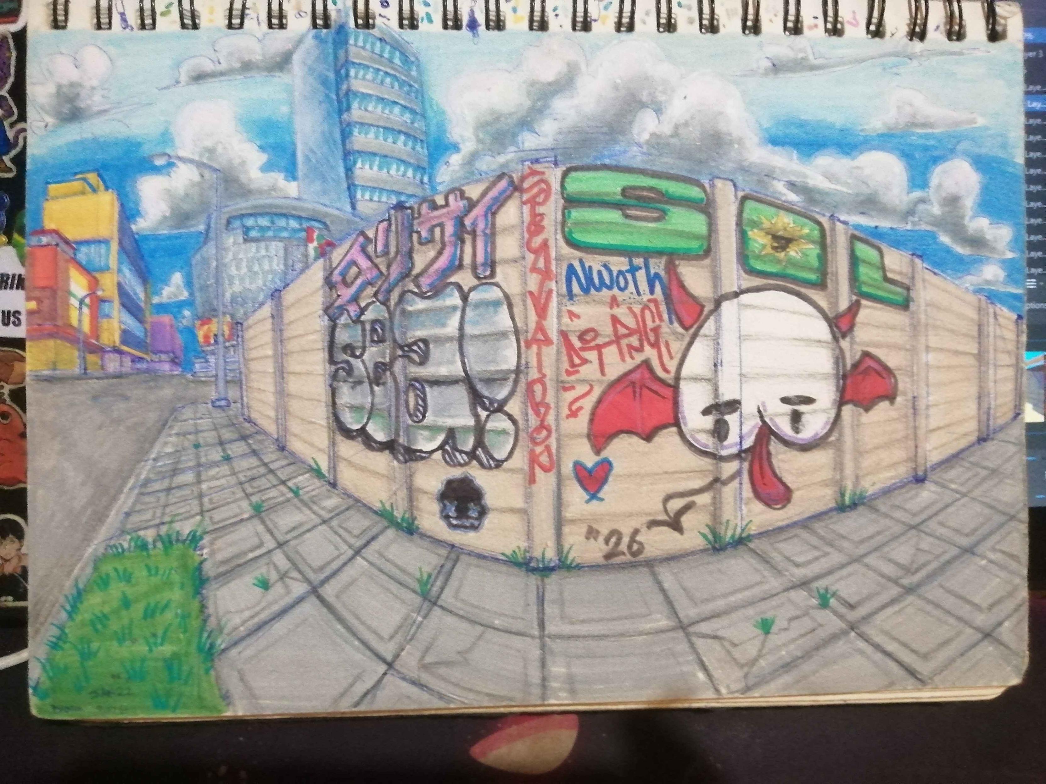 Drawing of a street in the Harare CBD. Contains a wall with Local Graffiti
