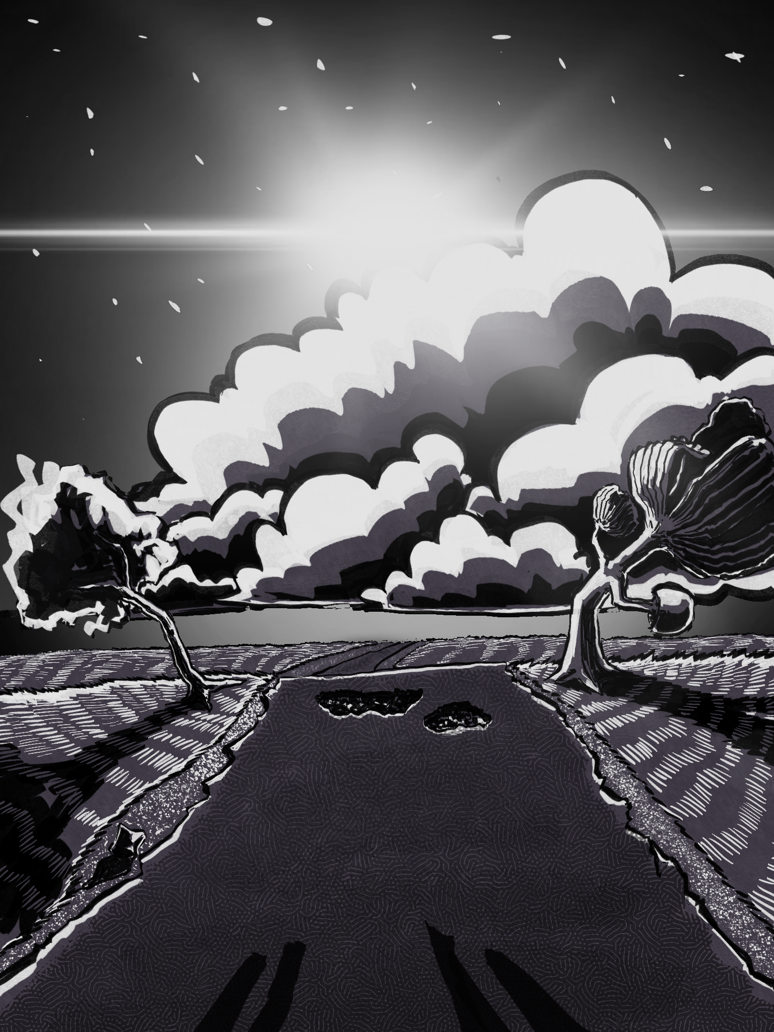 Black and white drawings of a street in Harare where the wind is blowing trees and grass away. Drawn in Procreate