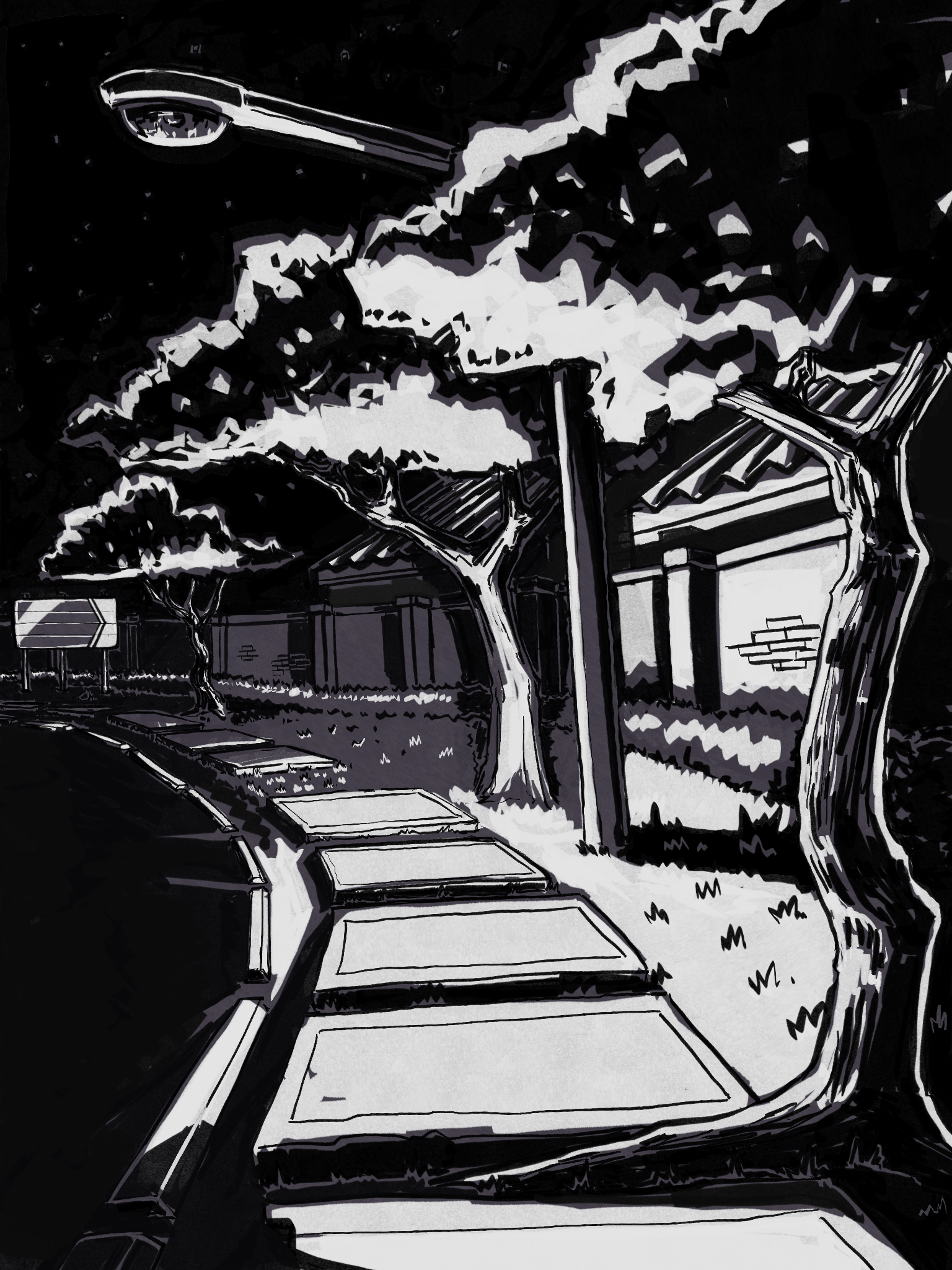 A black and white drawing of Natal road in Harare at night.