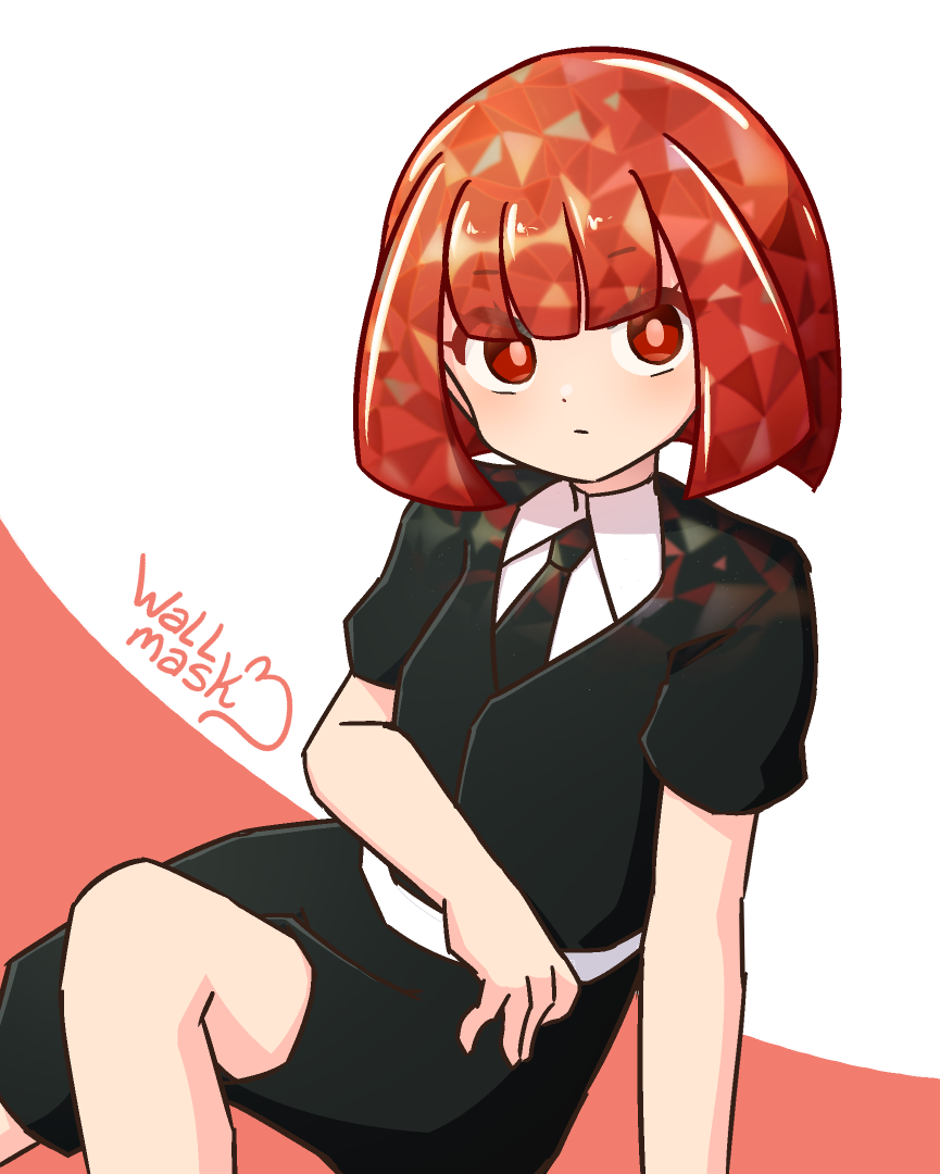 Anime style art of a girl with bob cut red hair and red eyes, wearing a black suit, necktie and shorts, sitting and looking at the viewer. Her left arm is on the floor supporting her, and her left arm is resting on her stomach. Her hair is made of crystals, and some lights from it reflects on her suit. The girl is Carnelian, weettyna's original character on Art Fight.