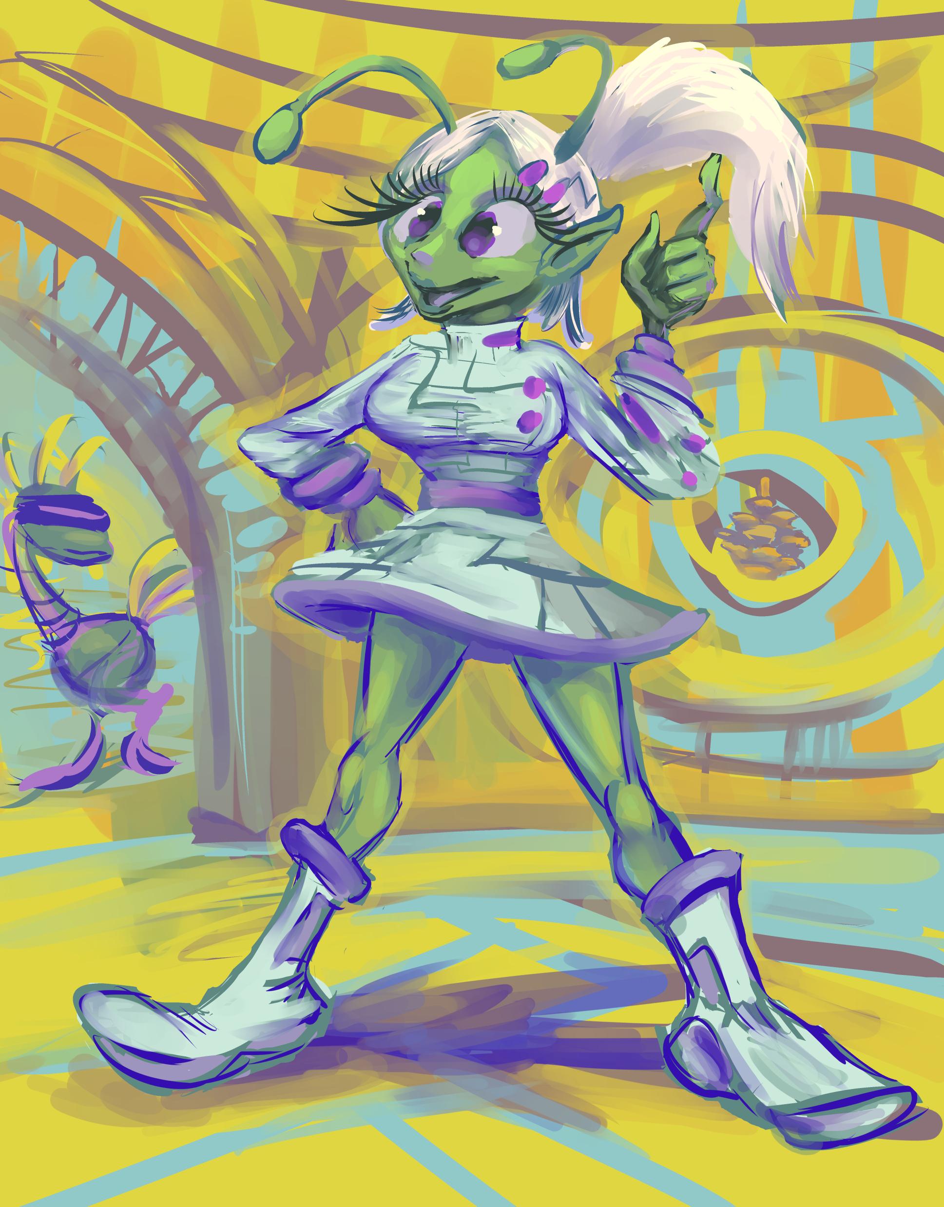green-skinned humanoid with pointy ears white hair and cartoonish ball-ended antennae, pointing one finger upward like generally only cartoon characters do, wearing a 1960s style dress with an impractically short skirt length, decorated with stylized circuit board-implying details, standing inside a yellowish room with similar circuity details of an unclear purpose.  a roboticized bird sort of entity seems to be walking past a visible doorway and glancing inside with unclear intentions