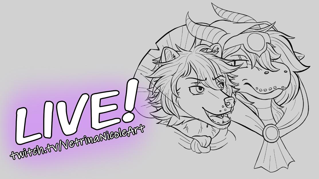 Stream announcement featuring a WIP of a digital drawing of a tanuki anthro character bugging a snake anthro character. The text says "LIVE! twitch.tv/VetrinaNicoleArt"