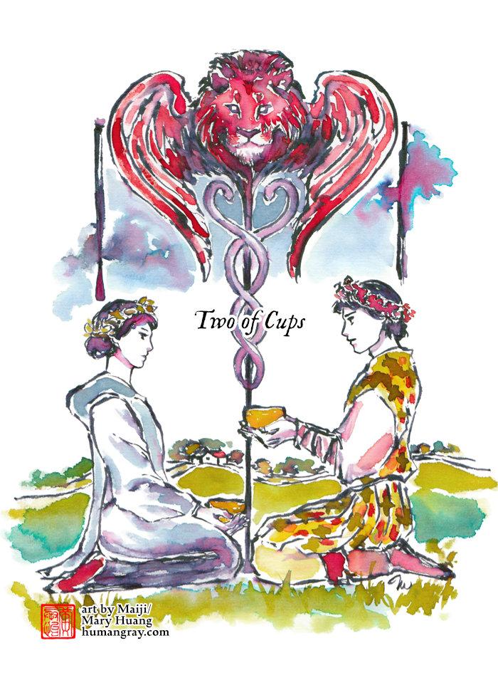Illustration of Tarot card rendered in fountain pen inks of vivid colours blended with water. Two of Cups: A young woman and young man sit beneath a red lion-headed caduceus, facing each other. Both are holding golden bowl-shaped cups. The woman wears a crown of green leaves and blue robes, her cup is in her lap. The man wears a crown of red flowers and brightly patterned robes and is holding out his cup, as if offering them to the woman. In the background are rolling hills and a small house nestled in trees. Art by Maiji/Mary Huang - humangray.com