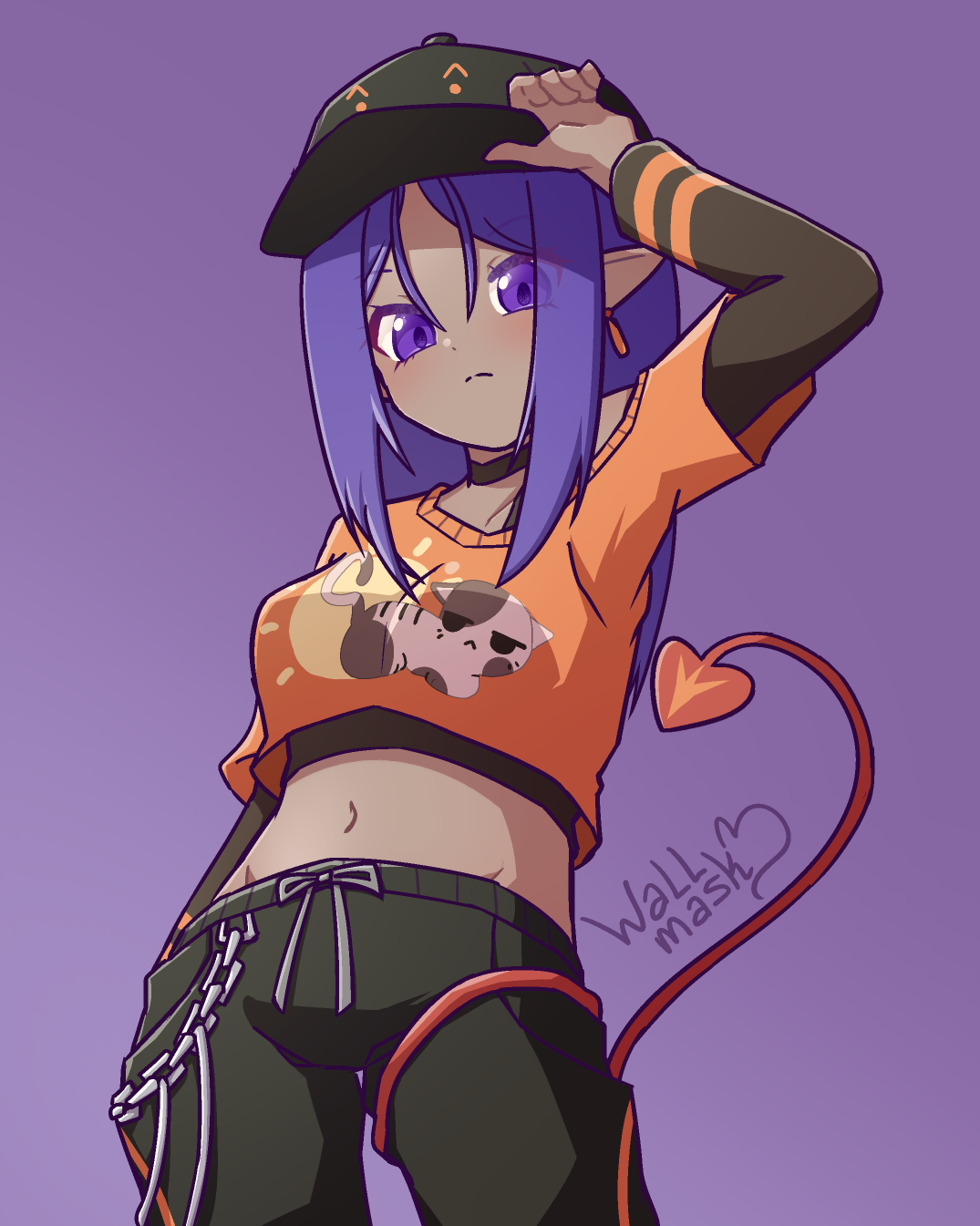Anime style art of a girl with long purple hair and eyes, pointy ears and a red demon tail, looking down at the viewer, as she adjusts her cap. The girl is Yoru, astranutt's original character on Art Fight. She wears a black cap, crop top orange sweater with a drawing of a cat chilling in front of the sun on it, a long sleeves shirt under the sweater, black pants with chains on it.