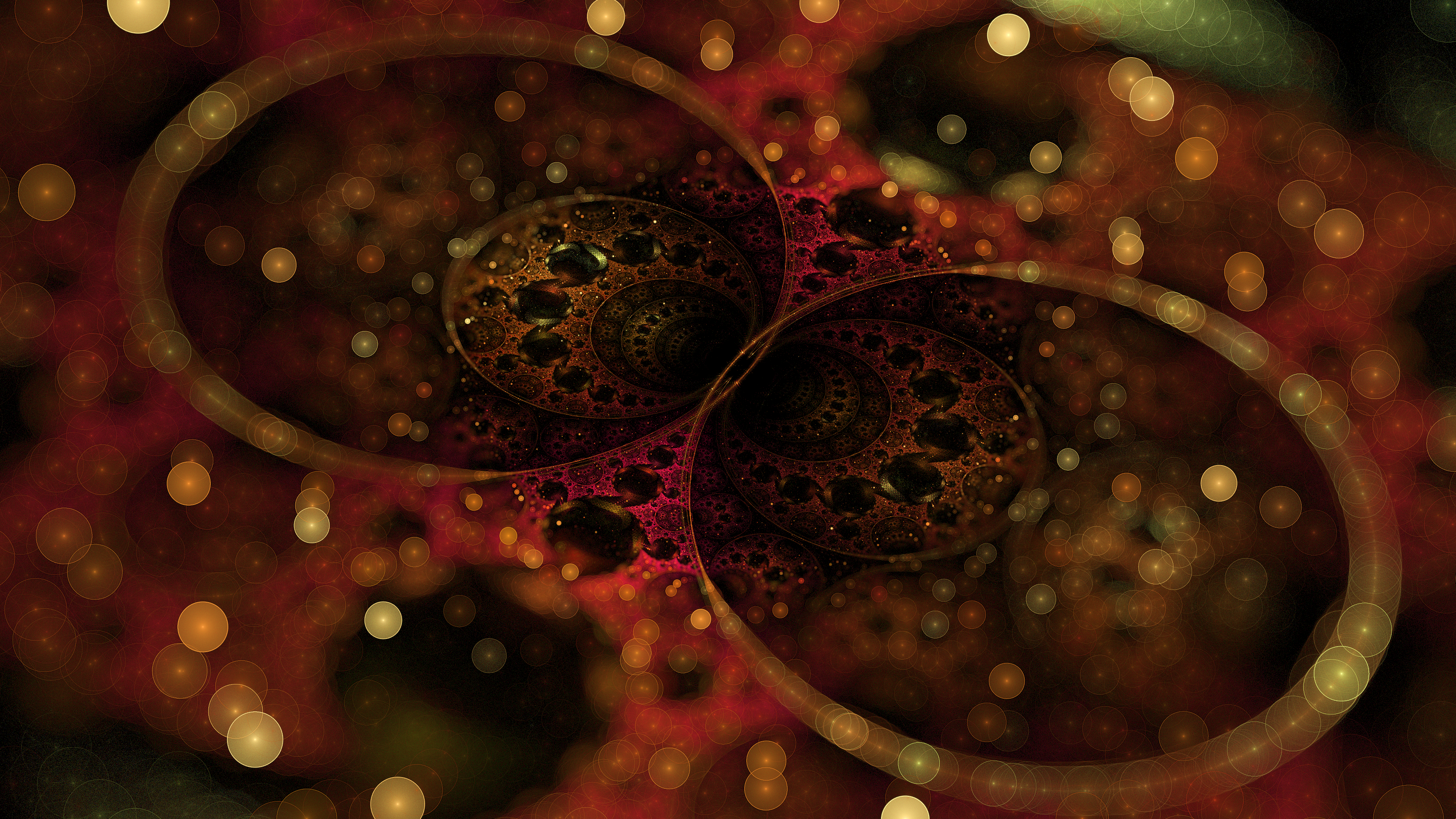 A red-toned fractal. Two big circles in the middle contain smaller and smaller circles of infinitely repeating patterns. The areas around the edge are blurred with a bokeh effect, making it look 3D and a bit sparkly.