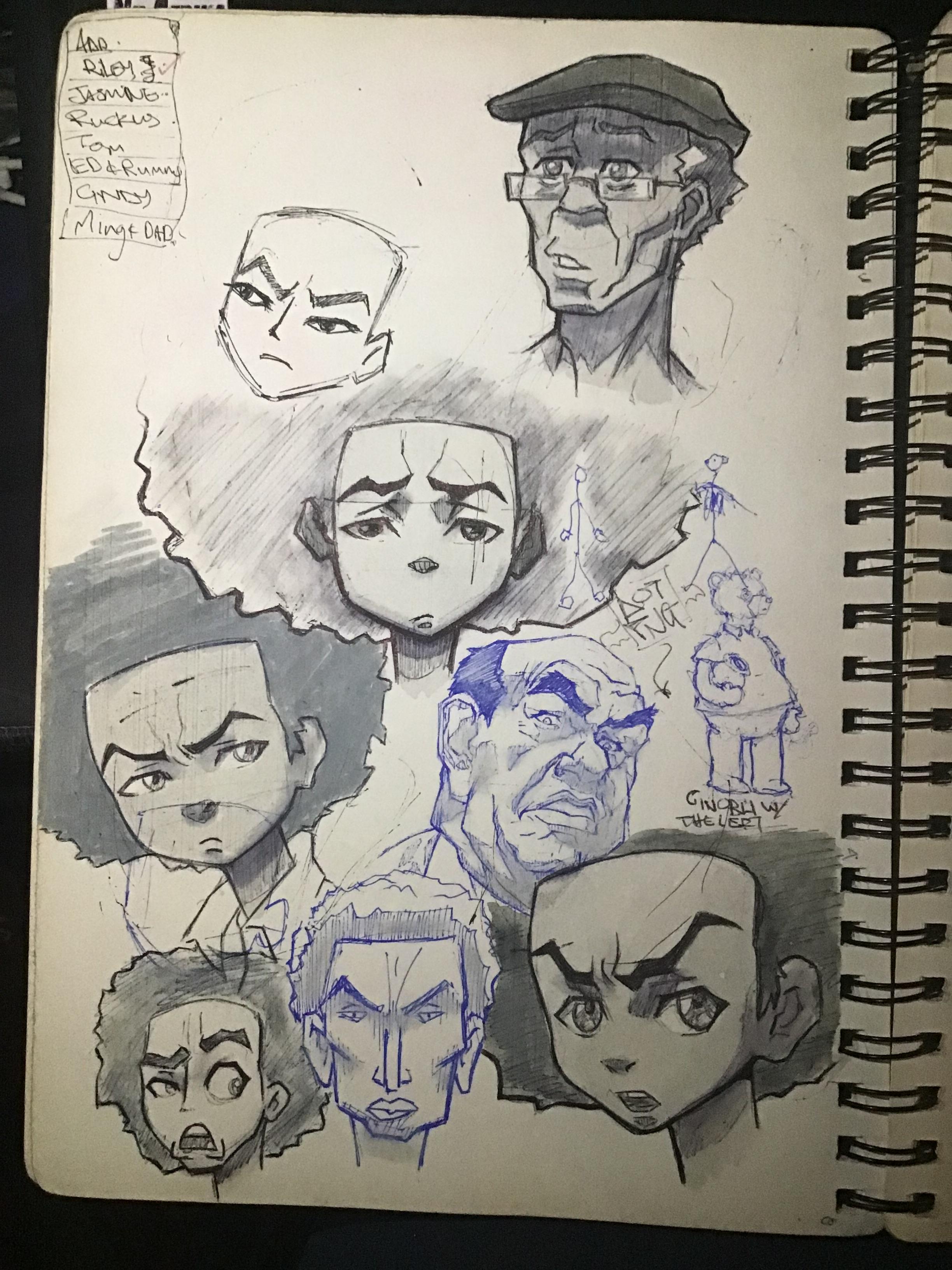 Drawings of Huey freeeman, Grandad freeman and Ed Wuncler done in pen and ink on paper.