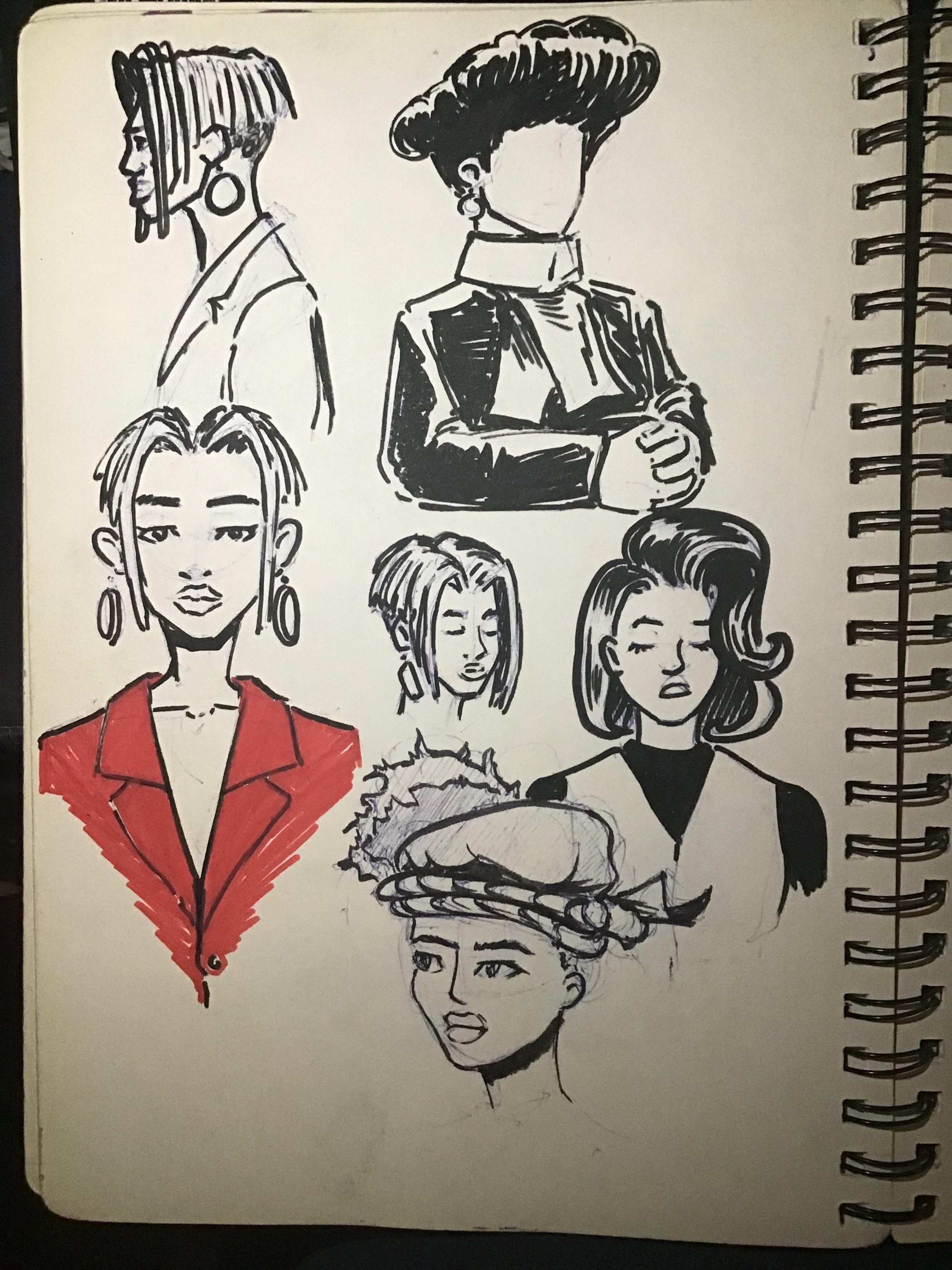 Drawings of Max, Regine , Khadijah and Sinclair drawn in Brushpen on paper.
