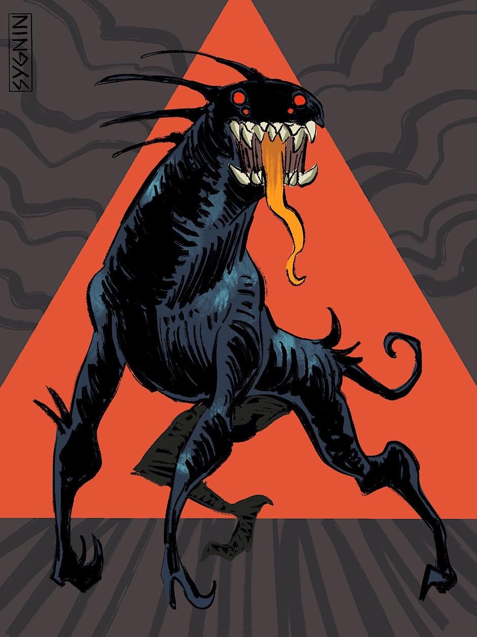 Art of scary doglike monster with 4 glowing red eyes