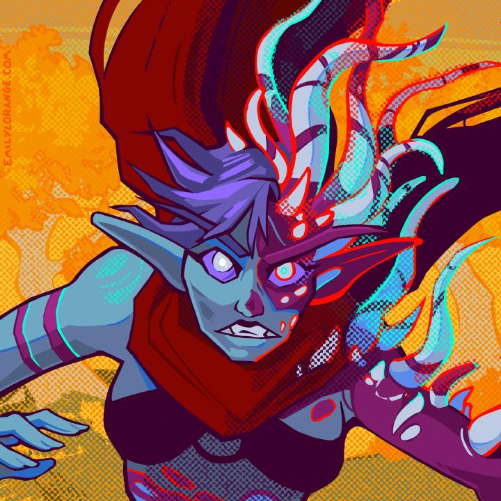 a digital drawing of an elf with blue skin and purple hair from about the waist up, snarling at the camera. her left side is covered in a strange corruption of purple, that bursts into tendrils of white, lined with cyan and red. a tattered red scarf flows around her. the background is trees with yellow leaves, green grass, and yellow sky.
