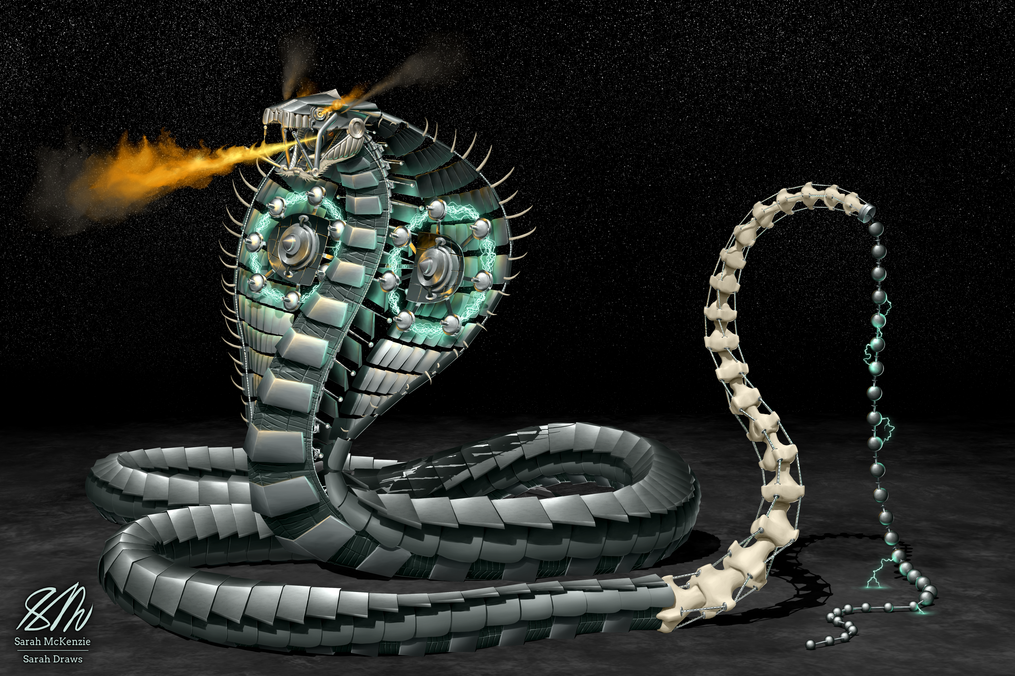 Creature Concept: Aspidus (cyber cobra)

Digital artwork of a mechanical cobra monster. Its fanged mouth is open, and a flame shoots from it. Its eyes likewise streak flames, and two large tubes on its bottom jaw shoot out jets of smoke behind its head.

Its hood, made of reflective metal plates, is open wide to reveal a pair of laser weapons with circles of blue lightning energy spinning around them. The edges of the hood are lined with spiky, rib-like bone structures on hinges.

The metal body is coiled over itself on a rough black floor, and the tip of its tail is made up of large exposed vertebrae held together with sets of cables that run through holes drilled into the bones. Held high above the ground at the end of this chain of bones is an electrified string of metal balls. Bolts of blue lightning similar to those in the hood weapons jump from one ball to another.

The sky behind the cobra is black and filled with stars.

Art by @Sarah_Draws.