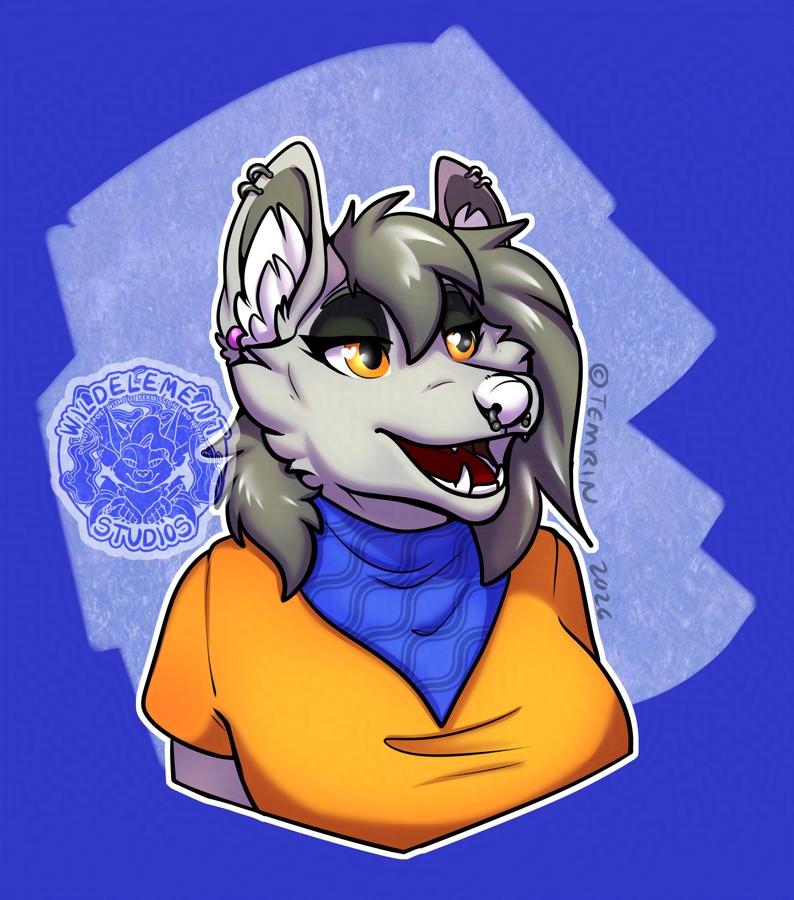 Digital artwork of a light grey canine, with darker grey hair, ornage eyes, and smiling with mouth open facing slightly to the right. Character has a blue bandana, orange shirt, dark eyeshadow, and piercings. Background of multiple blues.