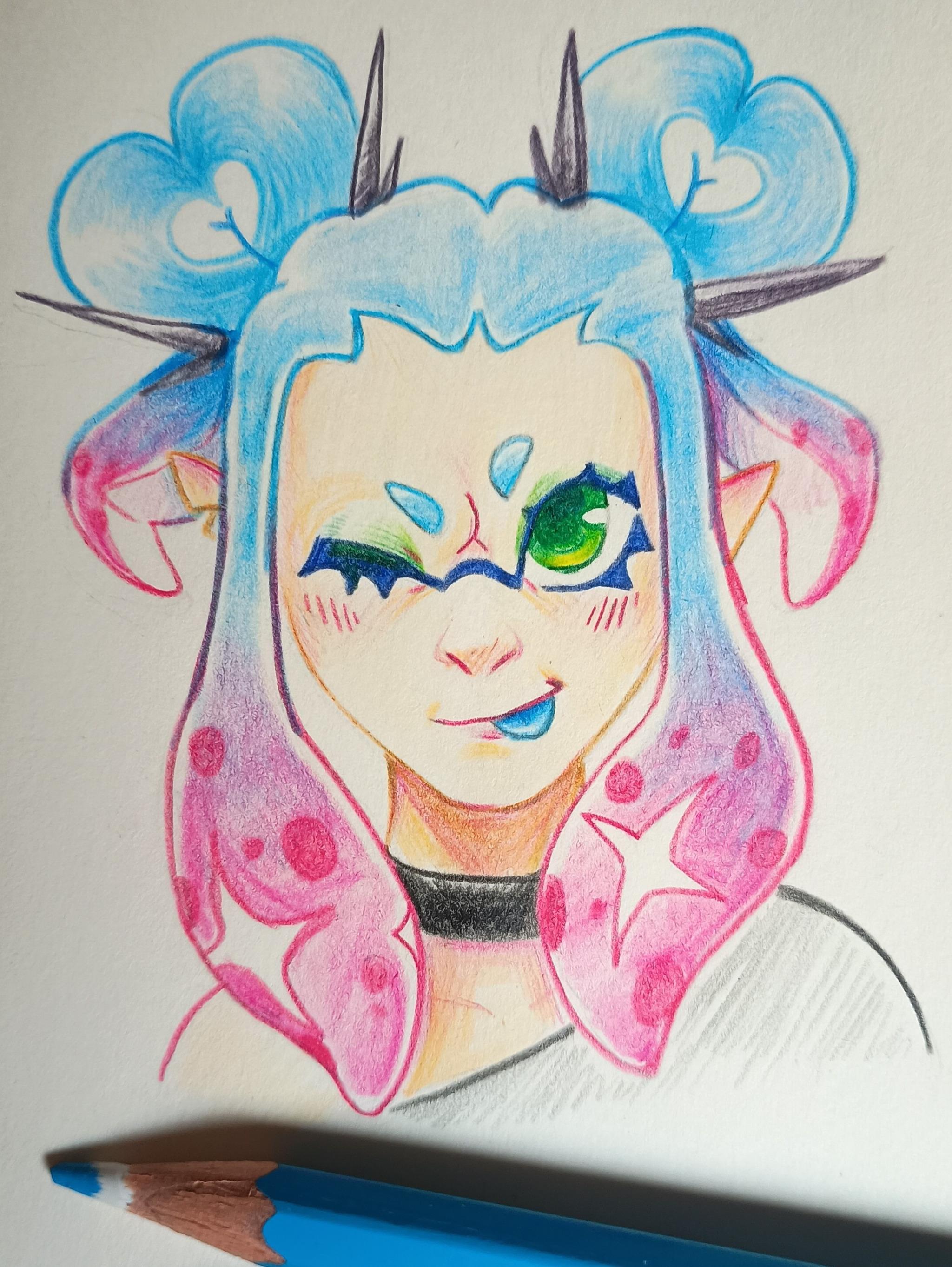 A blue and pink inkling (from Splatoon) in coloured pencils. Her eyes are green, her tongue is blue. Her tentacles are pinned up with black spikes. She's winking at the camera, sticking her tongue out with a smile.