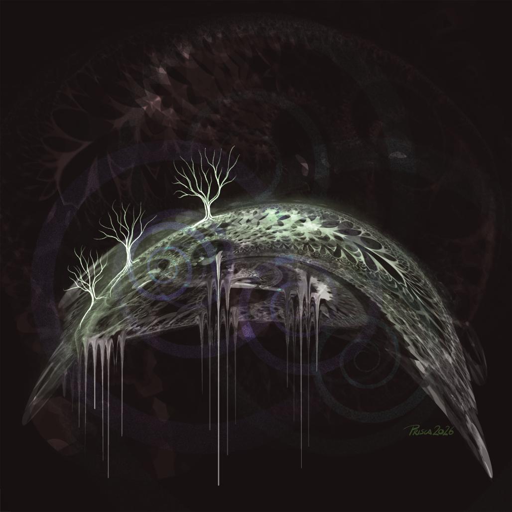 Watercolour & pencil; black background layered with dark maroon and violet fractal patterns and faint spiralling circles. A thin curved sliver of dark textured earth arcs across the centre, its surface patterned like scales or feathers in pale sage-green and grey. Three small bare trees stand along its ridge, their branches delicately traced in glowing pale green light, fragile against the vast darkness surrounding them. Beneath the earth, thin pale drips fall downward like melting ice or leaching moisture, some falling far into the blackness below. The background holds ghostly concentric spiral forms and dark reddish fractal textures, suggesting distortion and unseen turbulence beneath the visible ground. The overall image conveys precarious survival — a thinning strip of world with barely enough left to hold its last trees.