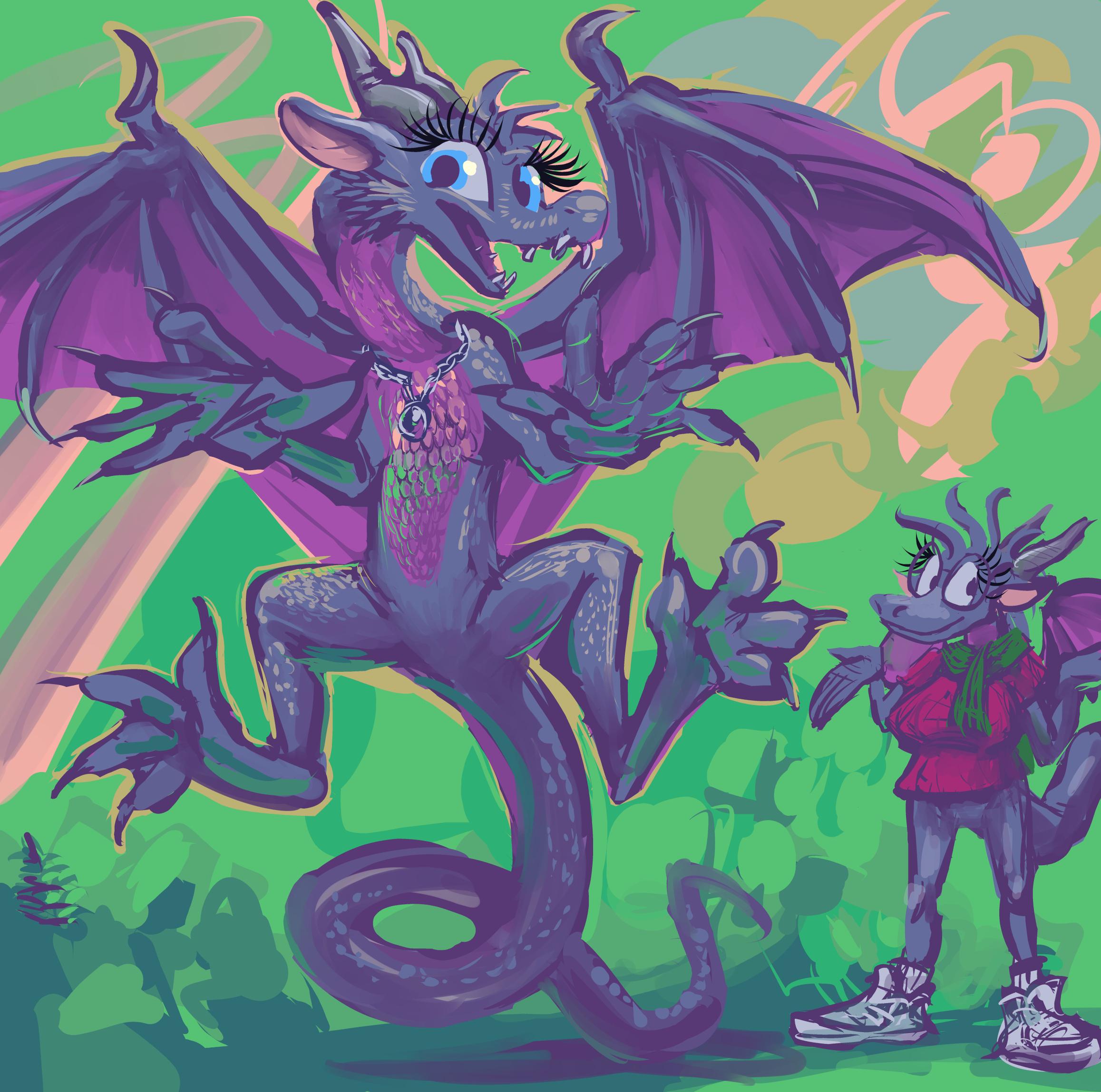greyish purple dragon creature with brighter pink scales across its upper midsection with a similar color on the wing membranes
a smaller more anthropomorphic form of ostensibly the same creature stands nearby, wearing glasses, a sweater and sneaker shoes, giving an "i dunno" sort of gesture.  both are smiling
the background is minimalist abstract green and yellow nonsense