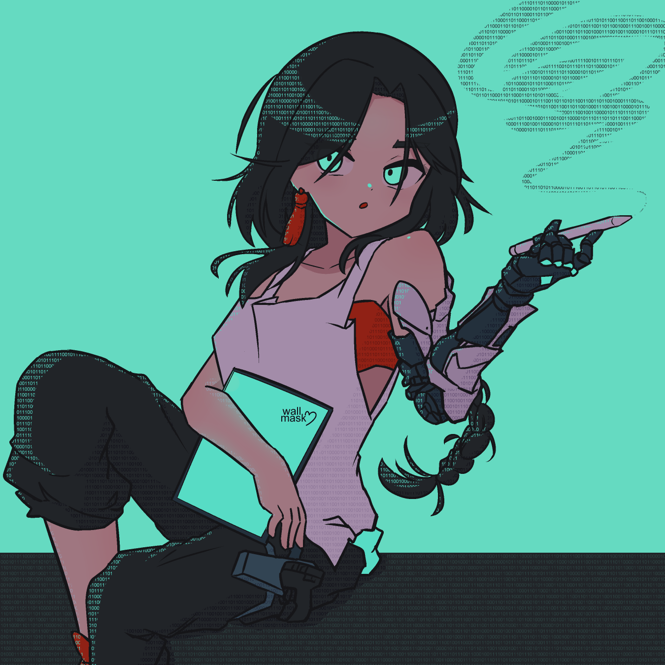 Anime style art of a girl sitting while hugging a computer tablet and holding a white stylus pen, smoke comes out of the pen as if it's a cigarette. The drawing is all dark except for the teal highlights, it being on the girl's eyes, highlights, the tablet's screen, and small parts of her mechanical arm. The girl is Cecilia, miyazaawa_kenji's original character on Art Fight. She is a girl with long braided hair, wearing a tank top, a red clothing under the tank top, red earrings, black pants, red shoes, and a teal jacket tied around her hips. Some of the shading, highlight and the "smoke" from the pen are drawn with binary code.