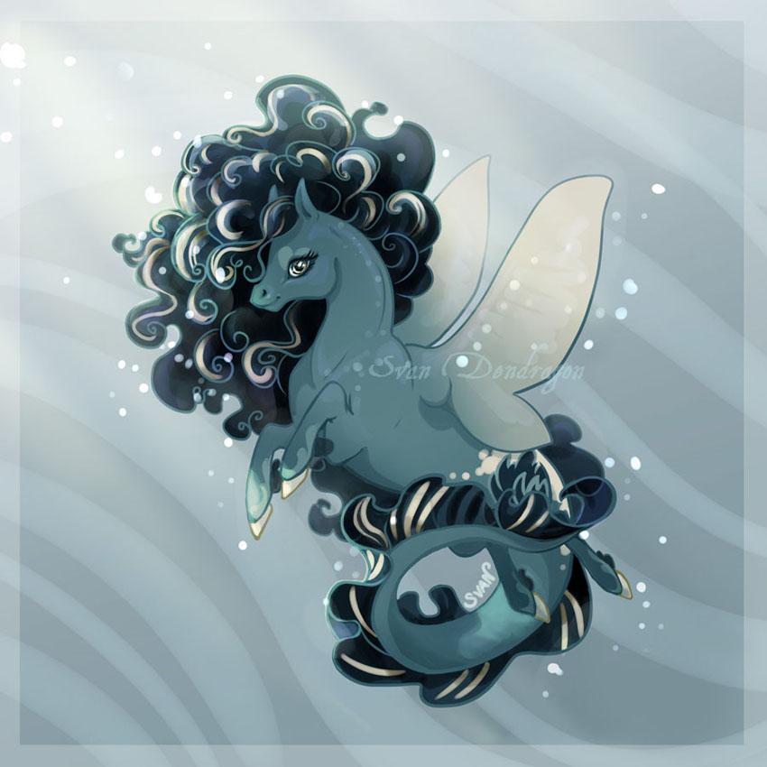 A teal sea pegasus, with black gold stripped curly fluffy mane and fins, and pale sea wings, underwater.