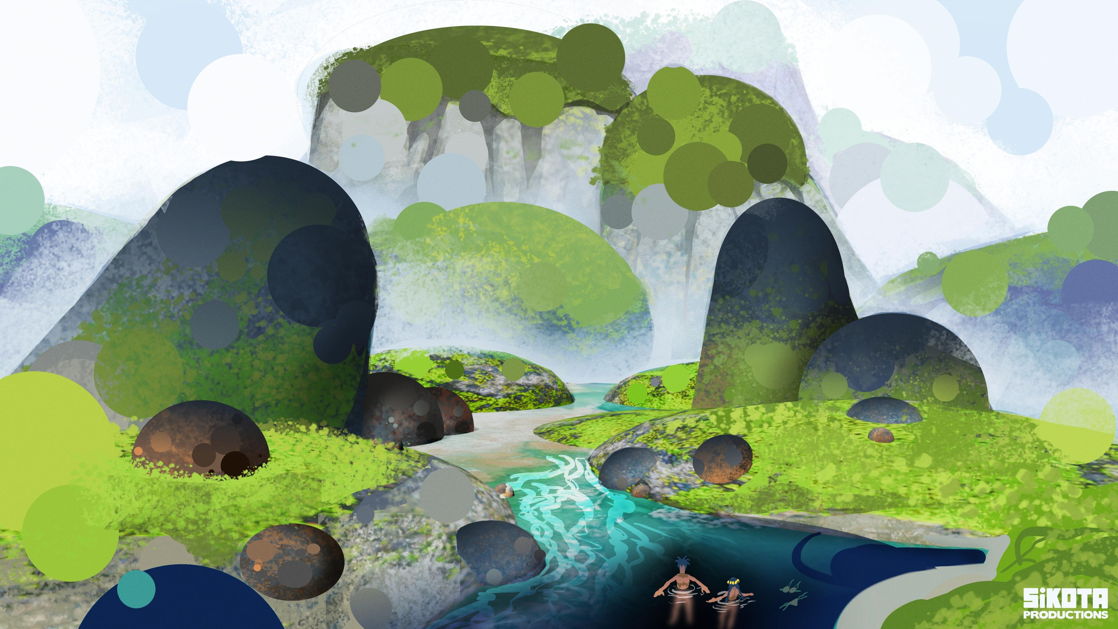 Environmental art of numerous hills with a river running through them. The OCs, Kaino and Malaika are swimming in the river.