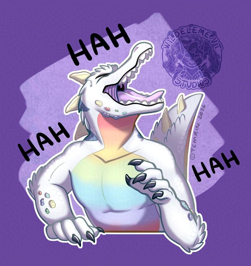 A light coloured alligator, boisterously laughing, one hand on an invisible surface, and the other up in the air. The character has a rainbow coloured underbelly, pink purple maw, light coloured spikes along their spine, dark stripes along their back, and gemstone-looking spots on cheeks, and outside arm areas. Background is various purples.