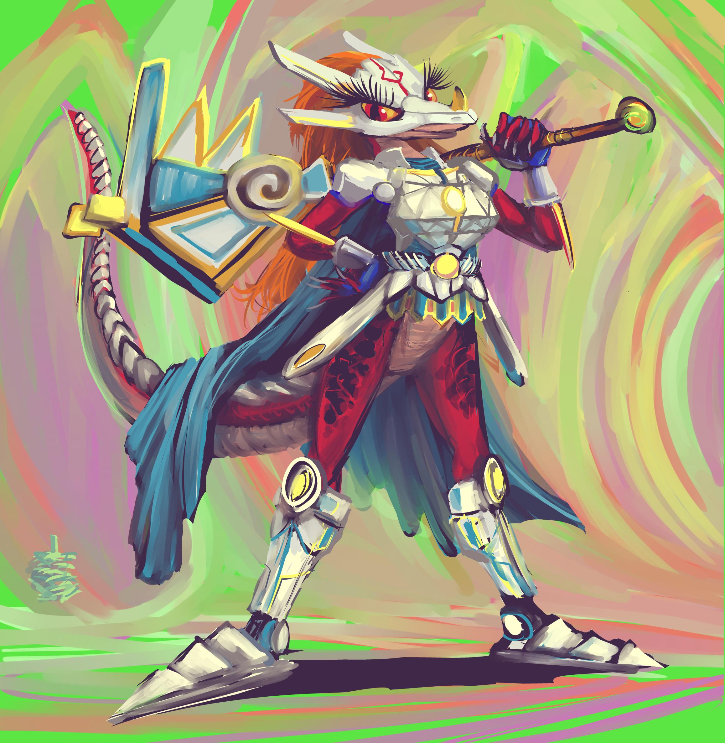 anthropomorphic lizard person wearing white armor on parts of its body along with a turquoise tunic and cape that does not take the tail size into consideration, holding an inexplicable weapon over one shoulder, with improbable, noncanonical eyelashes protruding through the eye gaps in its helmet, glancing displeasurely at the viewer.  the background is as usual colorful abstract nonsense