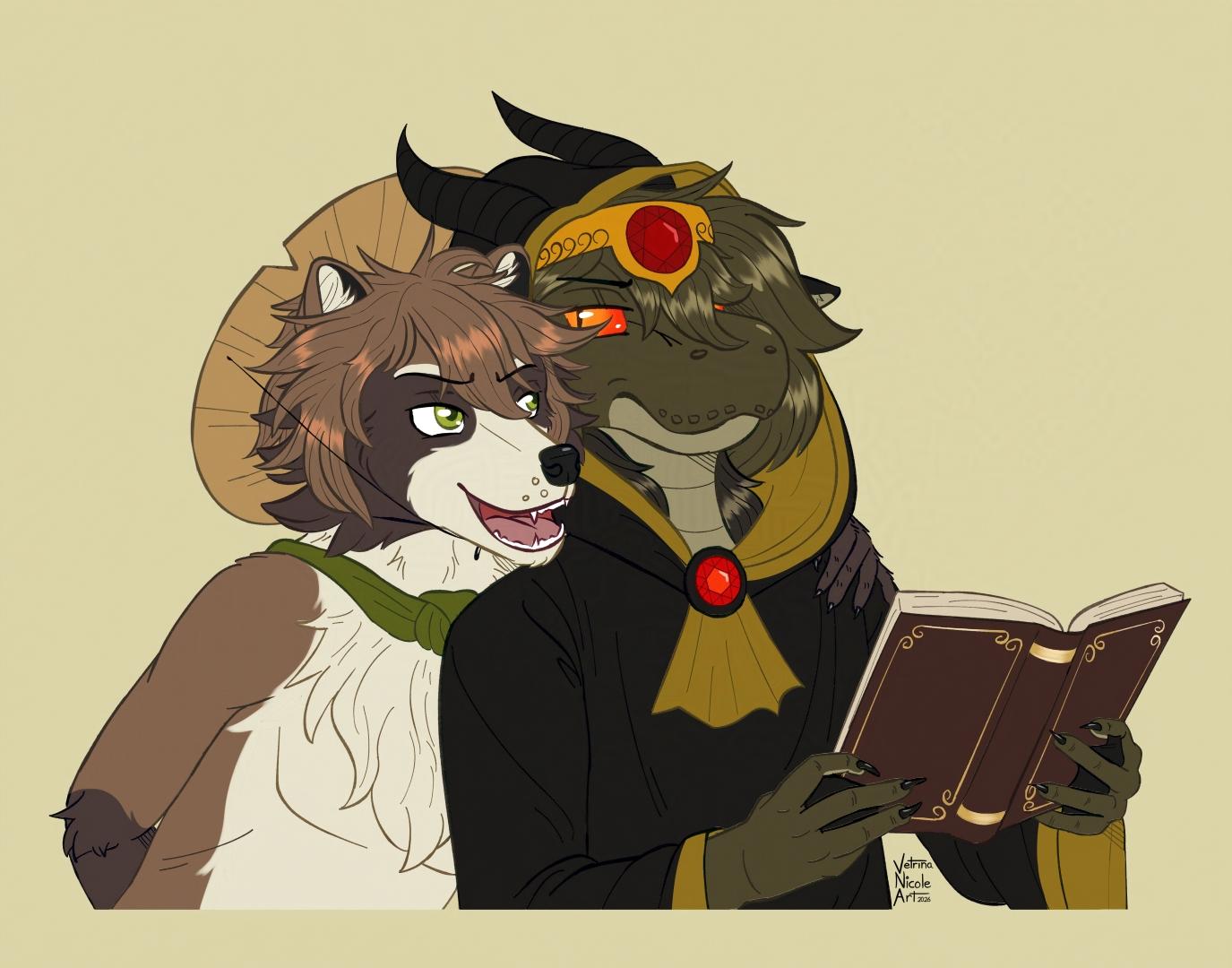 Digital drawing by me of two characters called Pekou and Python. Pekou is a tanuki anthro character who is brown with white markings and short brown hair. Python is a snake anthro character who is dark green with dark green hair and black horns, and he's wearing black and yellow sorcerer's robes. Python is standing and reading an old book, and Pekou is standing very close behind Python and annoying him.
