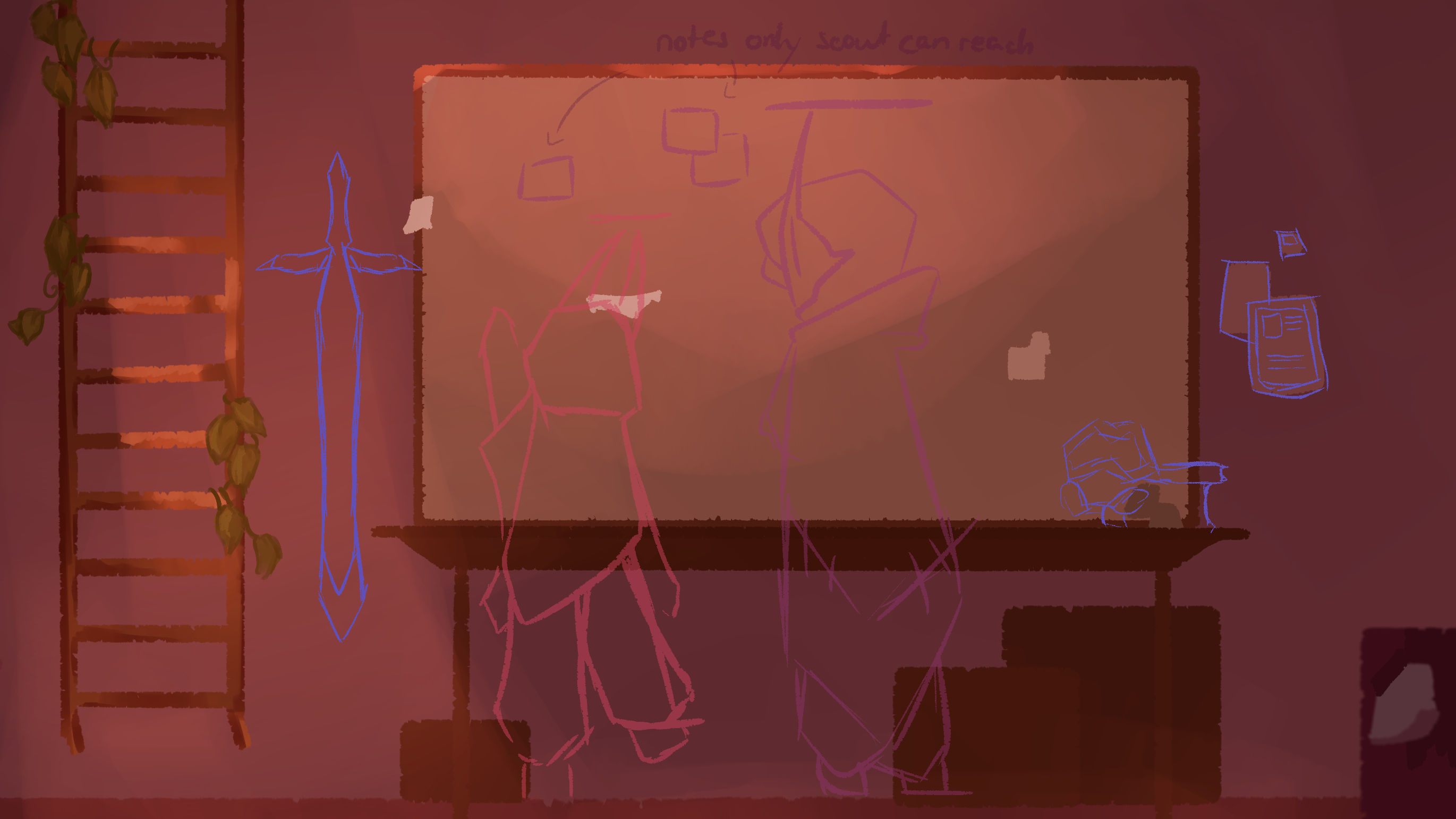 Two characters with different heights from my work in progress video game roughly sketched onto a background with a pinboard, boxes of various sizes and a ladder, to determine fitting heights for them by how they need to interact with their surroundings