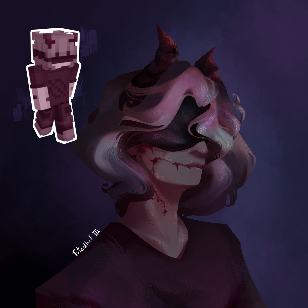 Adaptation of the minecraft skin of 0ros_, with grey hair, small red demon horns, a black blindfold covering a large part of his face and dark casual clothes with a circle with a diagonal strike through it on his shirt, depicted bust-up facing a colourful pink, green and blue light source and with red cracks spreading from the corner of his mouth to his throat