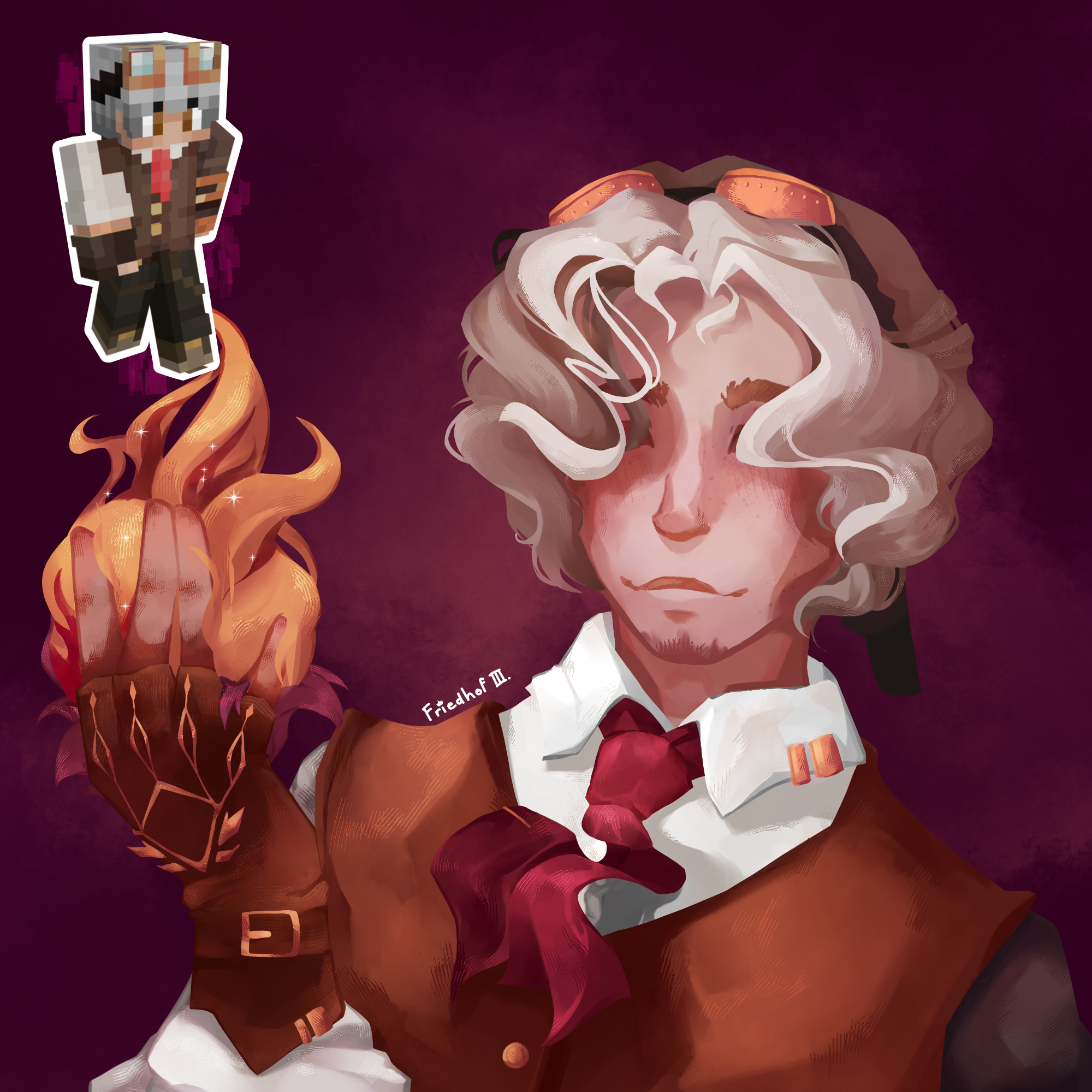Adaptation of the steampunk styled Minecraft skin of Jonah0312, with light grey short hair and welding goggles and a brown vest with a red tie and copper details, in my style holding a minecraft torchflower