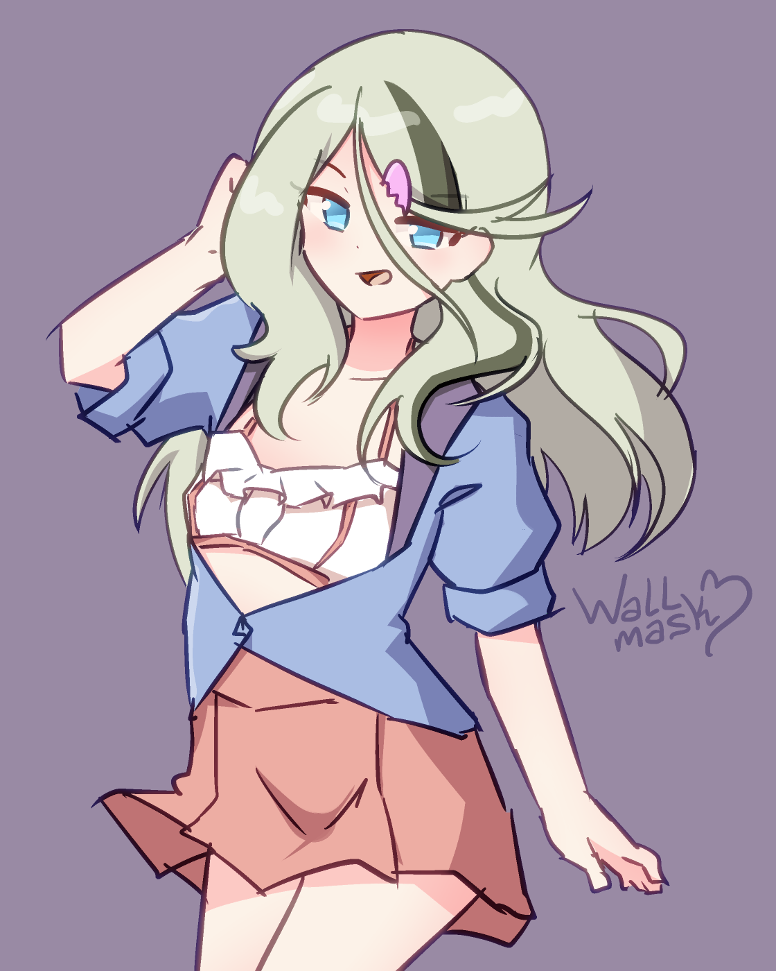 A girl with long multicolored silver hair and a streak of black hair and blue eyes, wearing a pink broken heart hairpin, blue jacked, white cropped spaghetti strap top, and orange skirt, as she smiles at the viewer with her right hand up behind her hair. The girl is my original character Ashiho, shapeshifting as my original character Kiri, wearing her own custom outfit.