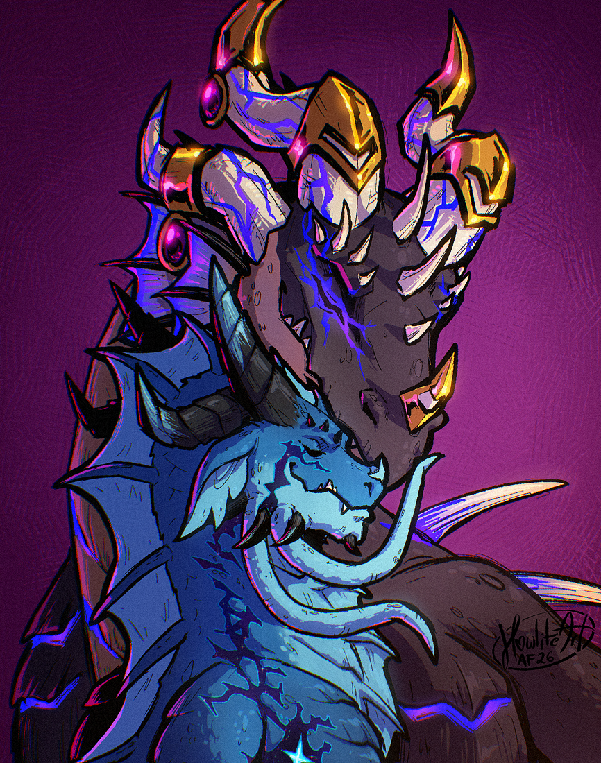Digital art portrait of two dragons cuddling: a black dragon with gold jewelry on his horns, and a blue dragon half his size. The blue dragon is reaching up with one of his long chin tendrils to caress the black dragon's nose.